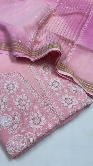 Pure Banarasi blush pink handloom premium cotton kadhwa lucknowi chikankari hand embroidered suit set with intricately hand embroidered motifs and ombre shaded duppata set