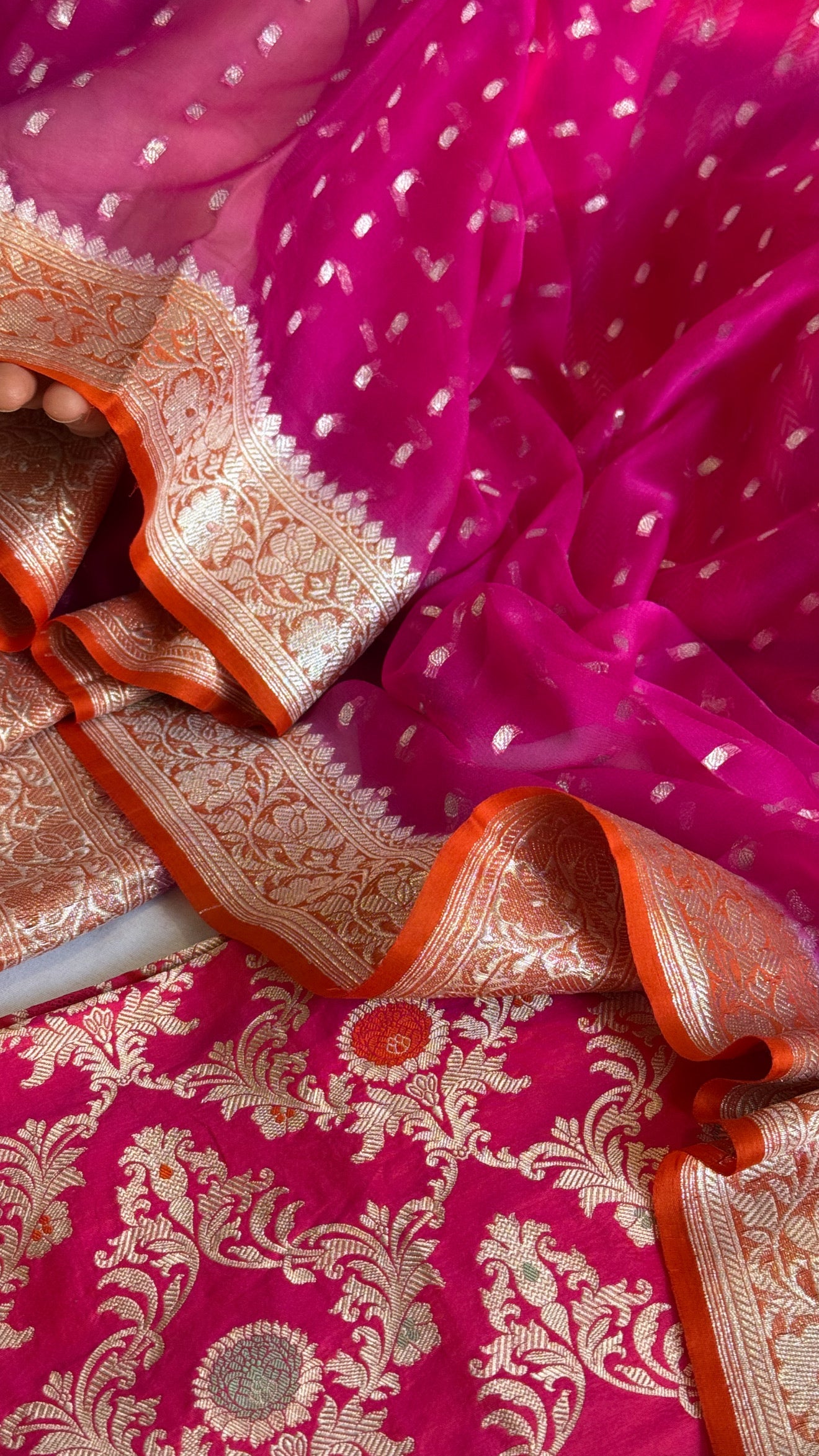 Rani pink - Fanta orange katan silk kadhwa jaal kurta paired with chiffon gorgette chap dye duppata set
