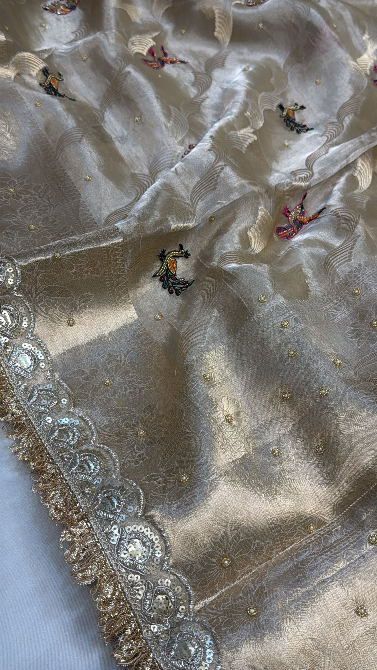 Champagne gold tissue silk jungla hand embroidered kadhwa saree