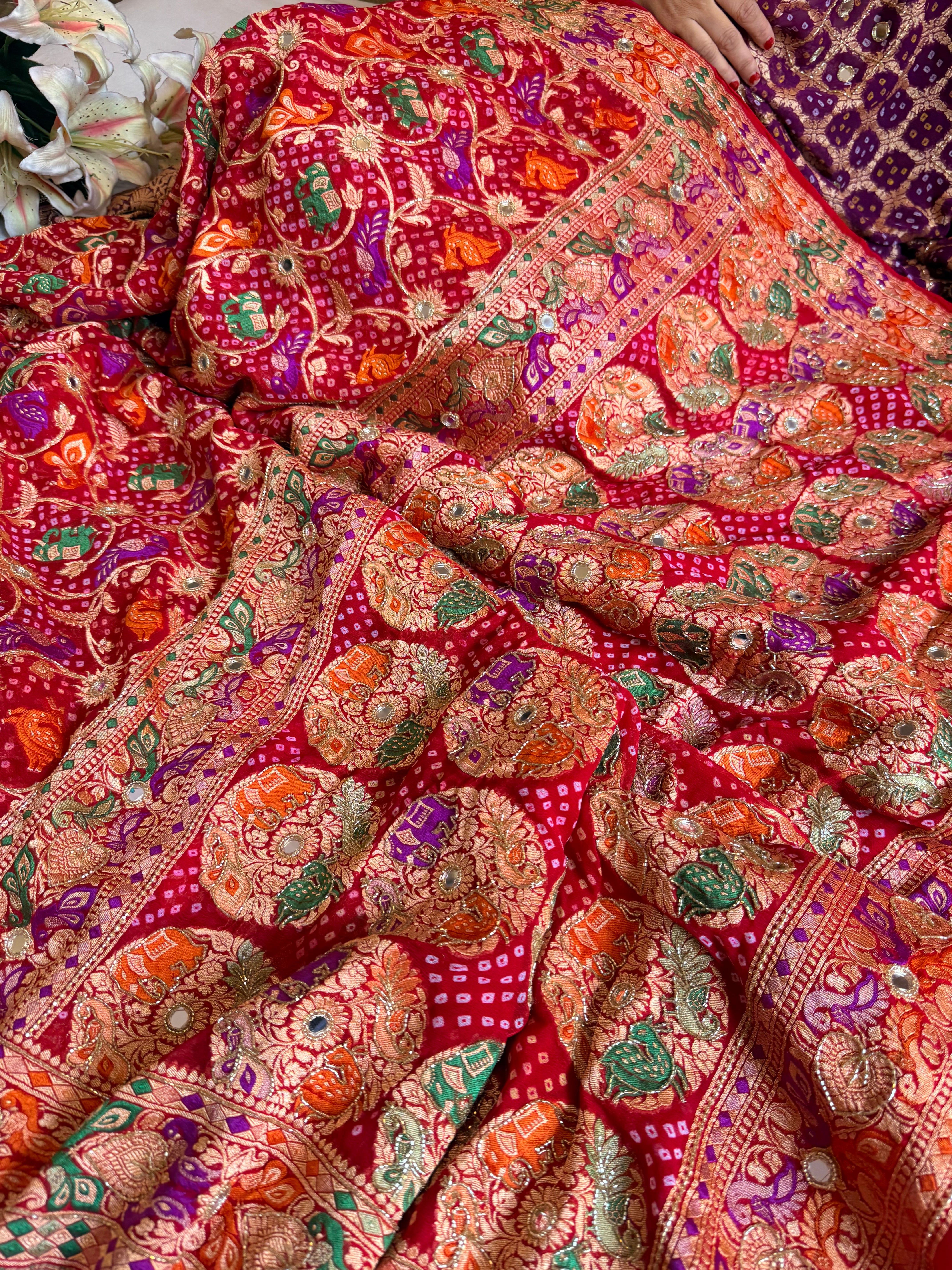 Banarasi chiffon gorgette rai bandhej kadhwa weaving hand embroidered saree