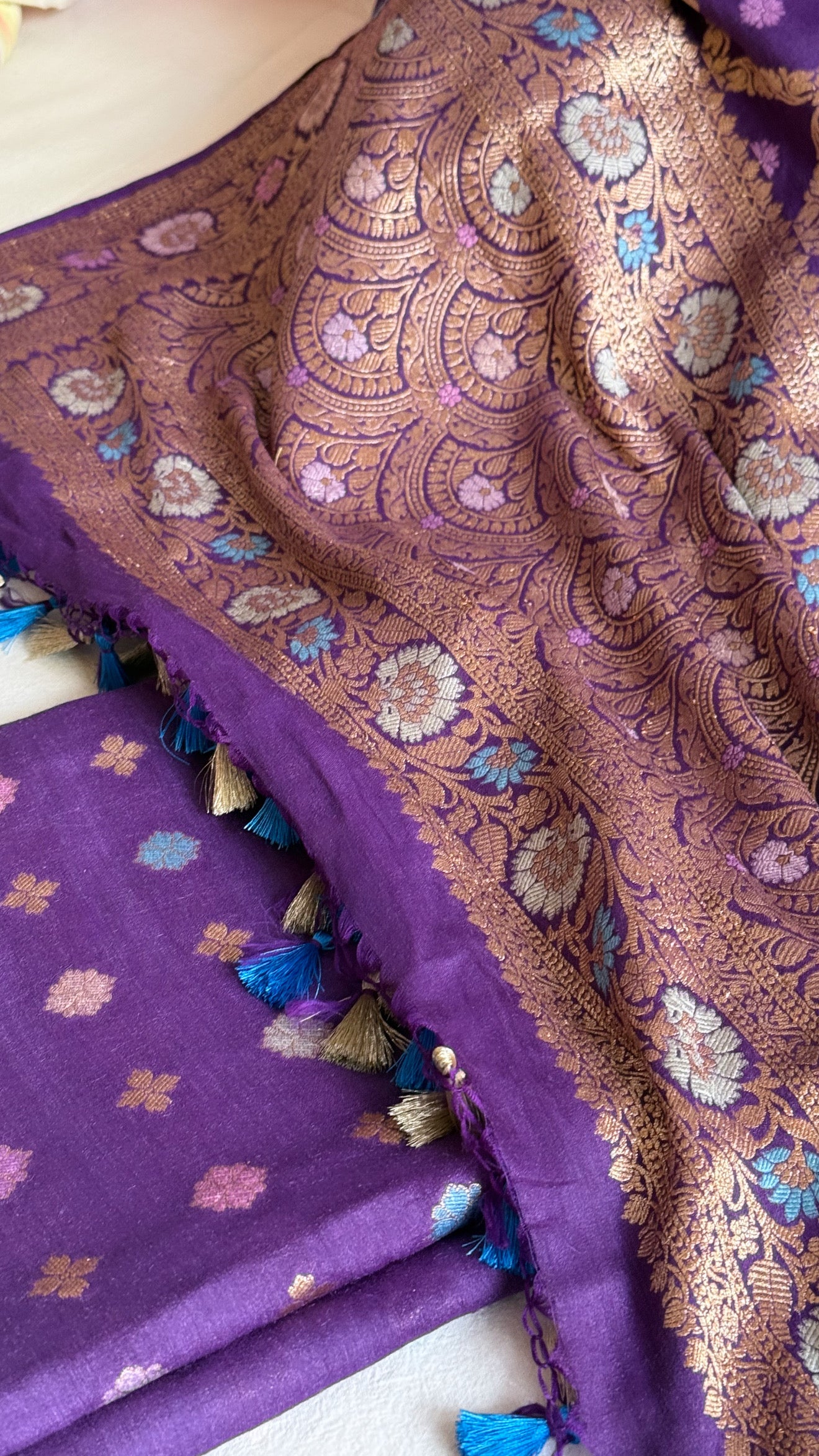 Moonga silk brinjal purple chaukadi duppata with meenakari kadhwa weaving