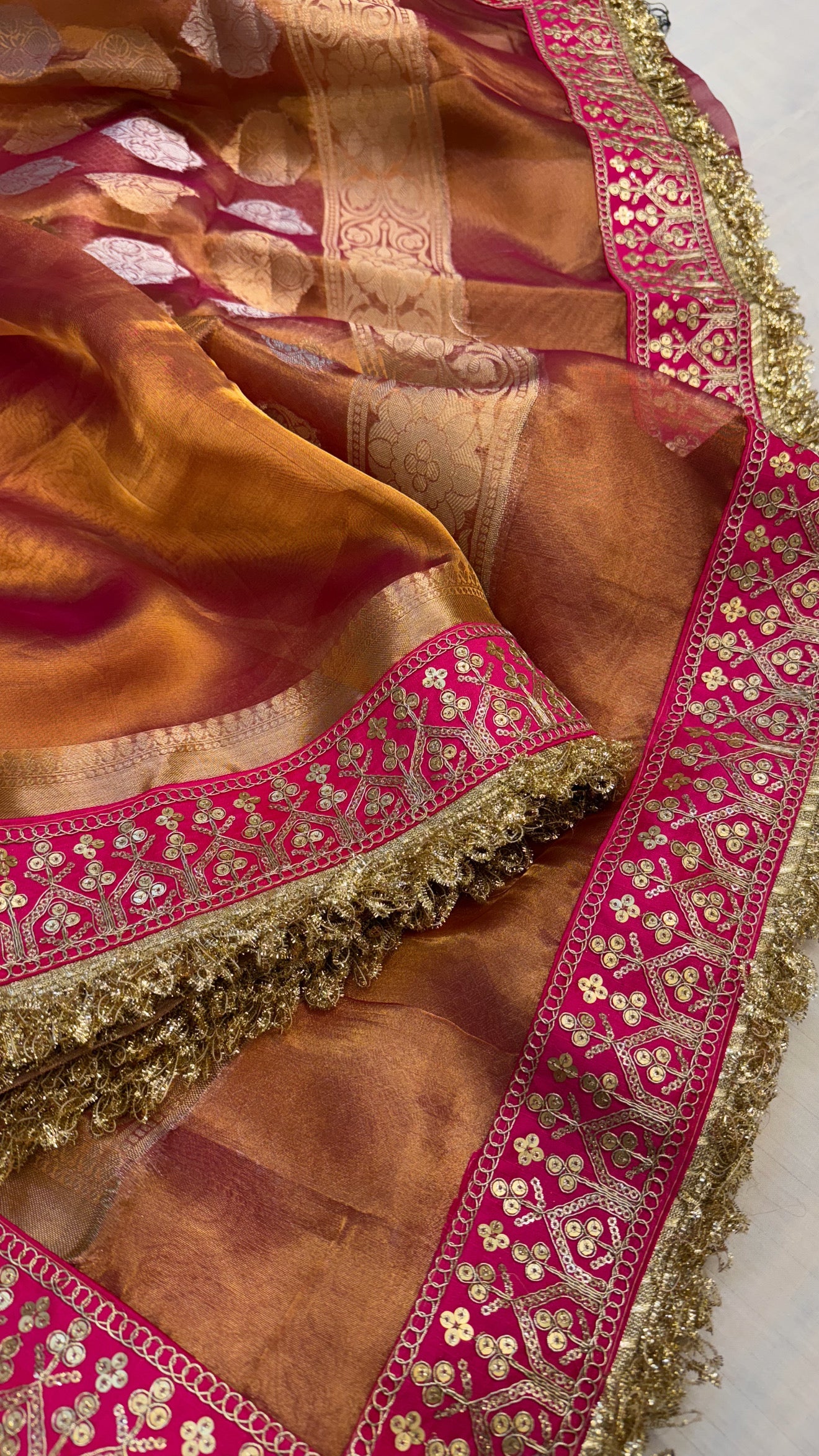 Kanjivaram rani pink maharani tissue silk meenakari border saree