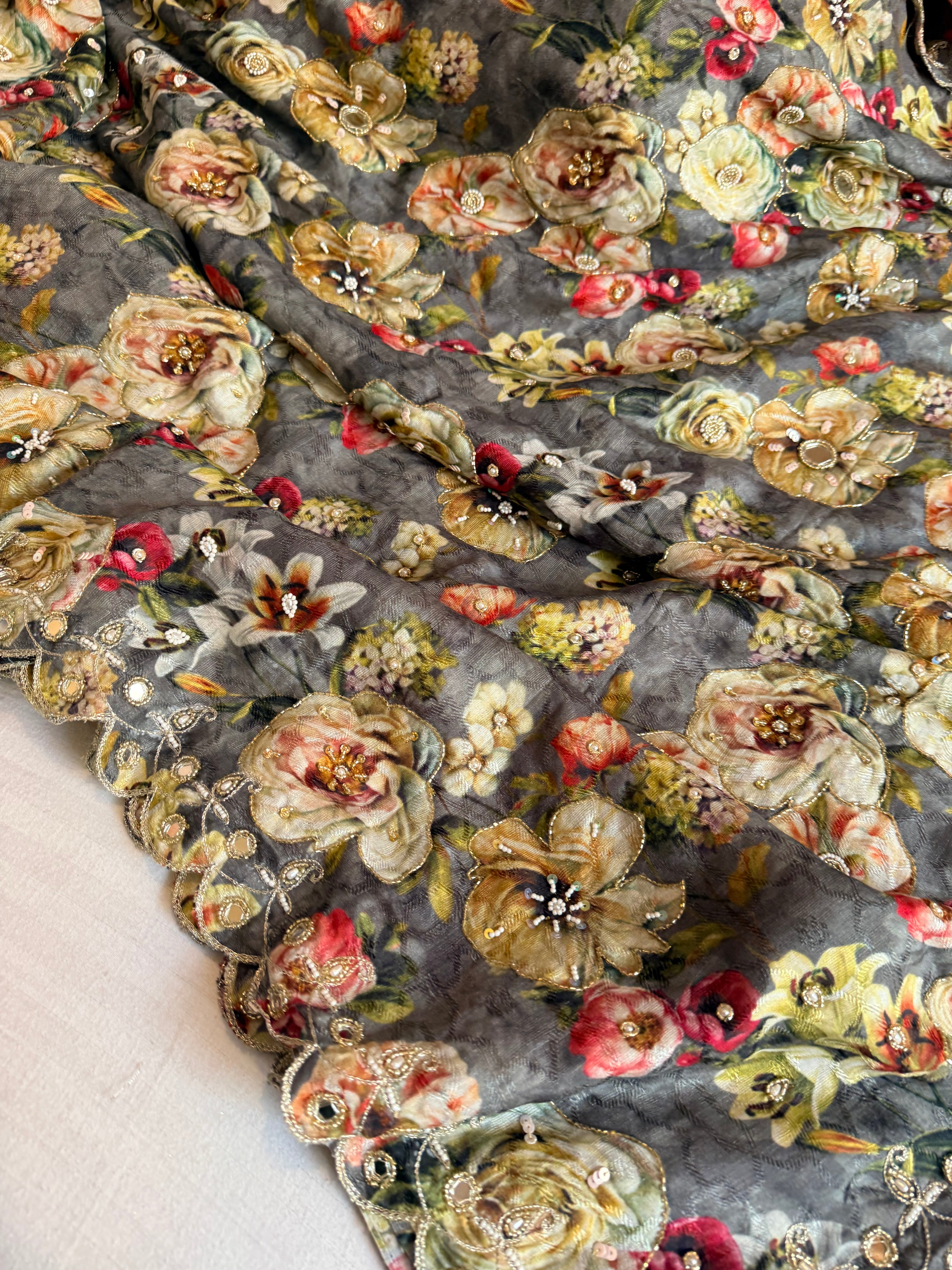 Printed moonga silk hand embroidered kadhwa gotapatti saree