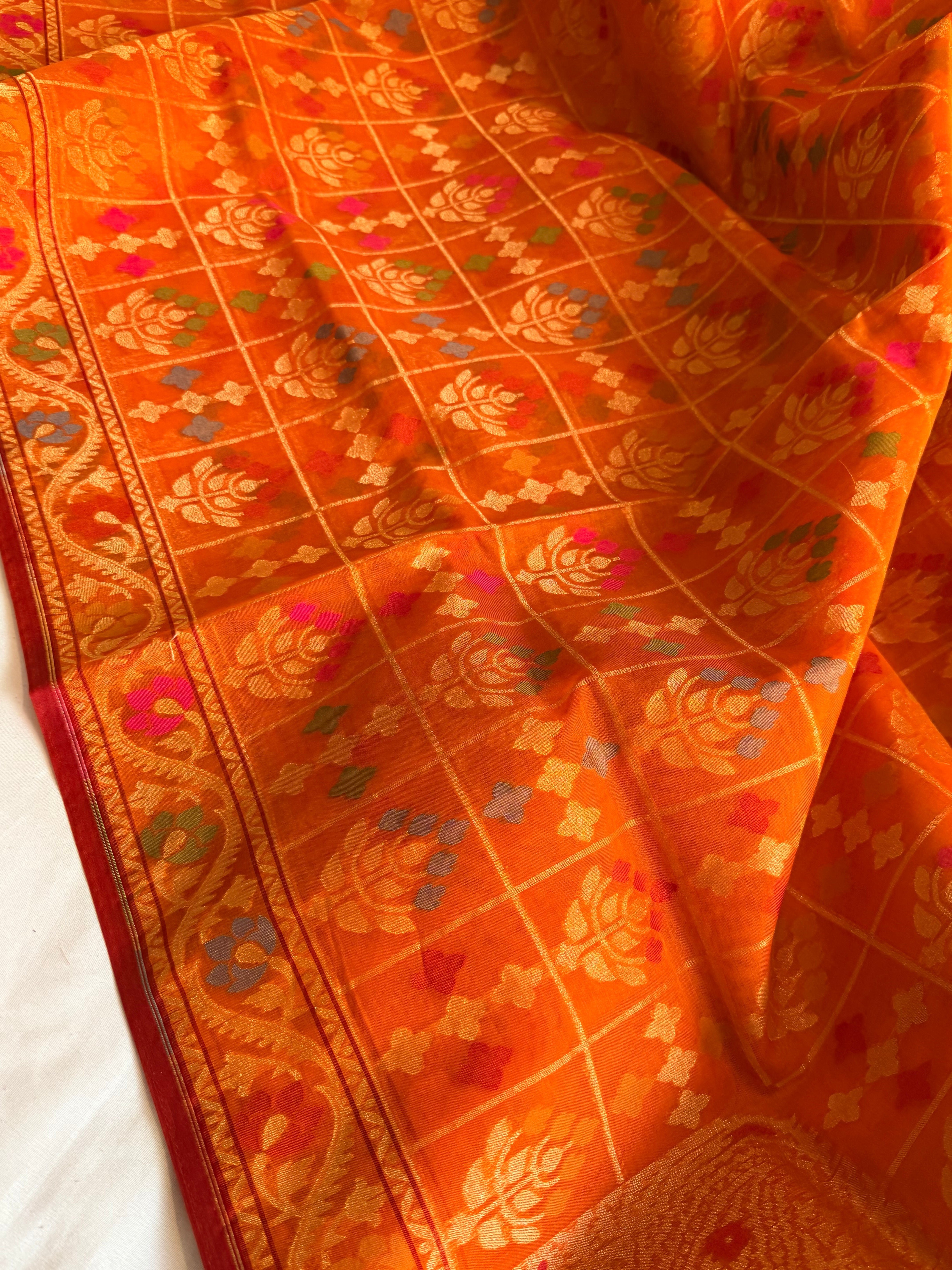 Banarasi kora silk net fanta orange iktara jamdani kadhwa saree