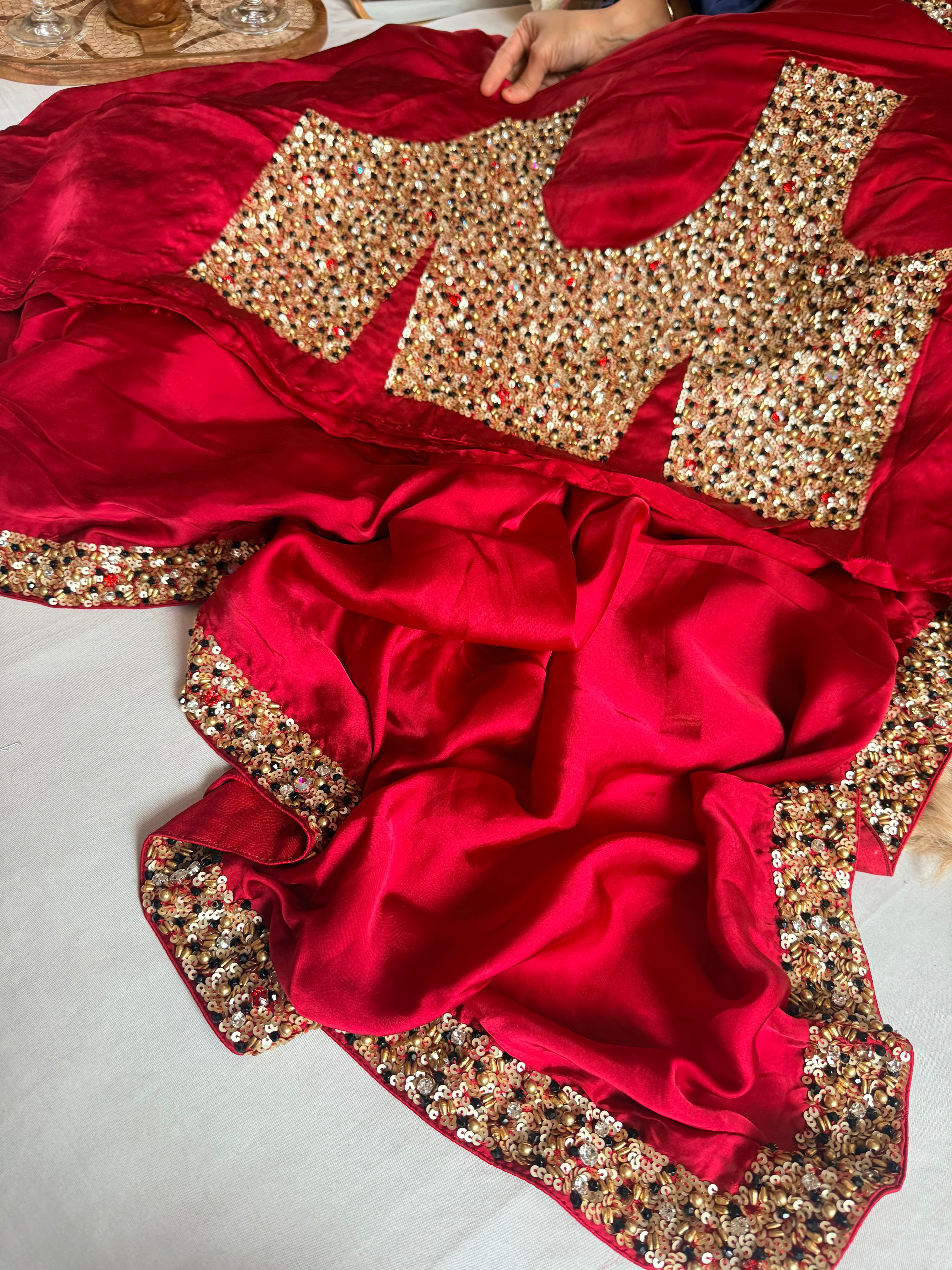 Mashru banarasi satin-sequin work hand embroidered cocktail edit saree
