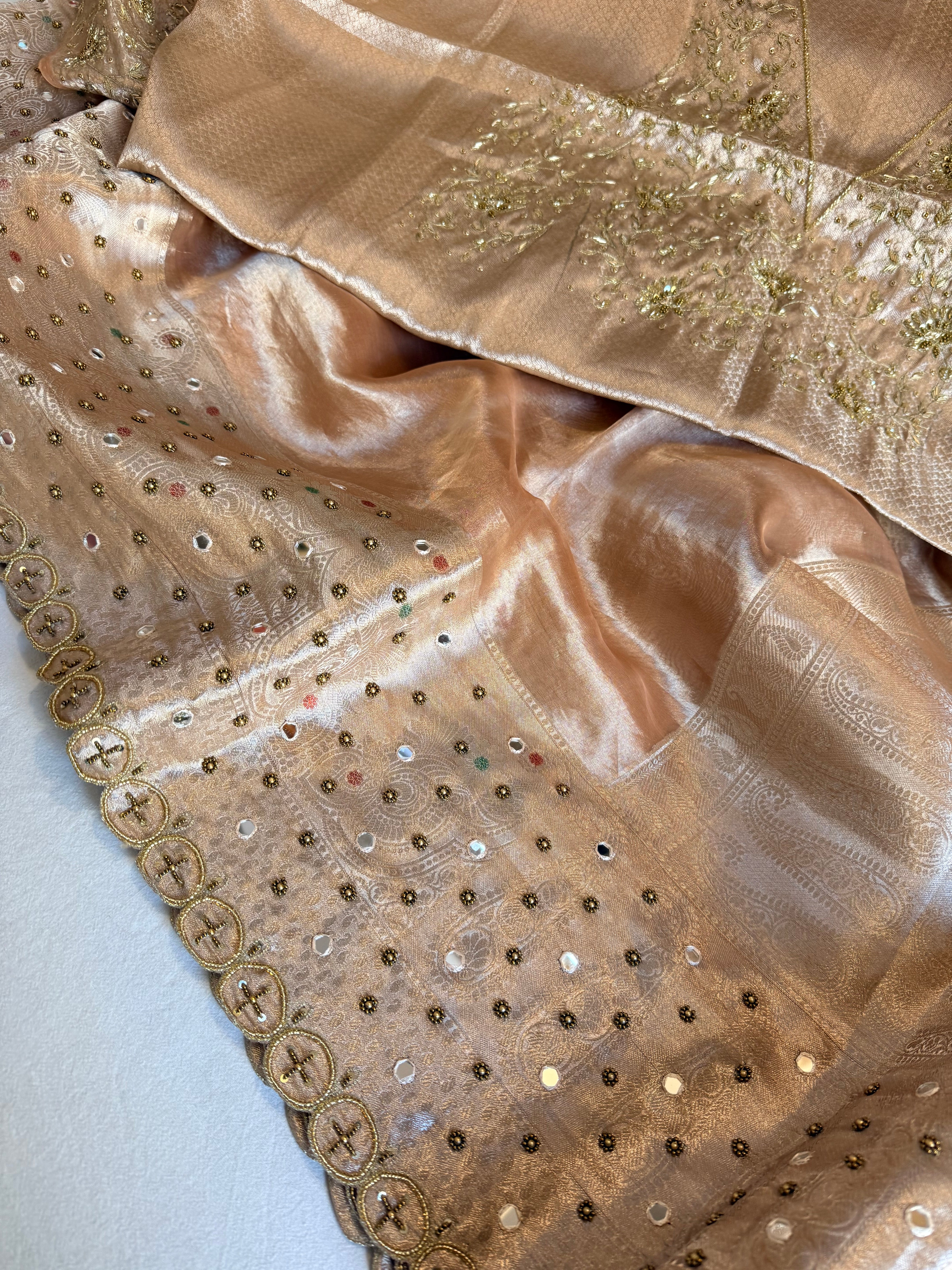 Onion peach husn tissue silk hand embroidered kadhwa saree with heavy blouse