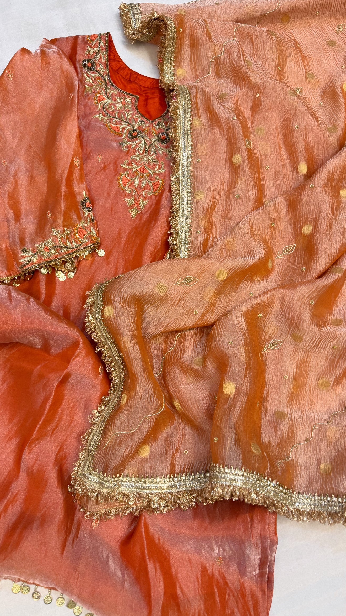Dulhan ka joda - Chuski orange tissue silk heavy hand embroidered kadhwa gotapatti suit set