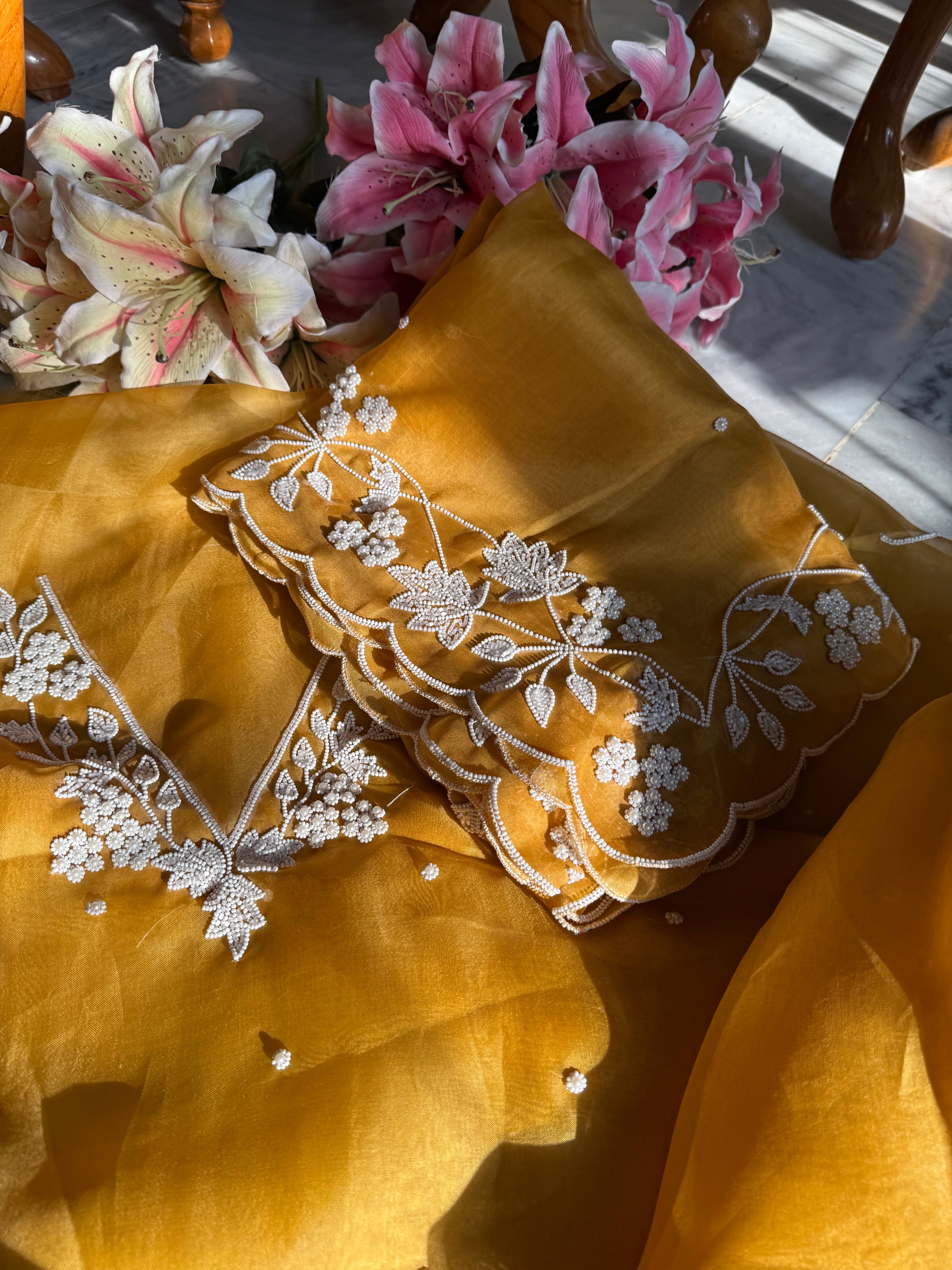 Mustard pearl work heavy hand embroidered kora silk suit set