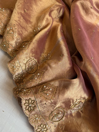 Husn blush pink tissue silk heavy zardozi hand embroidered saree