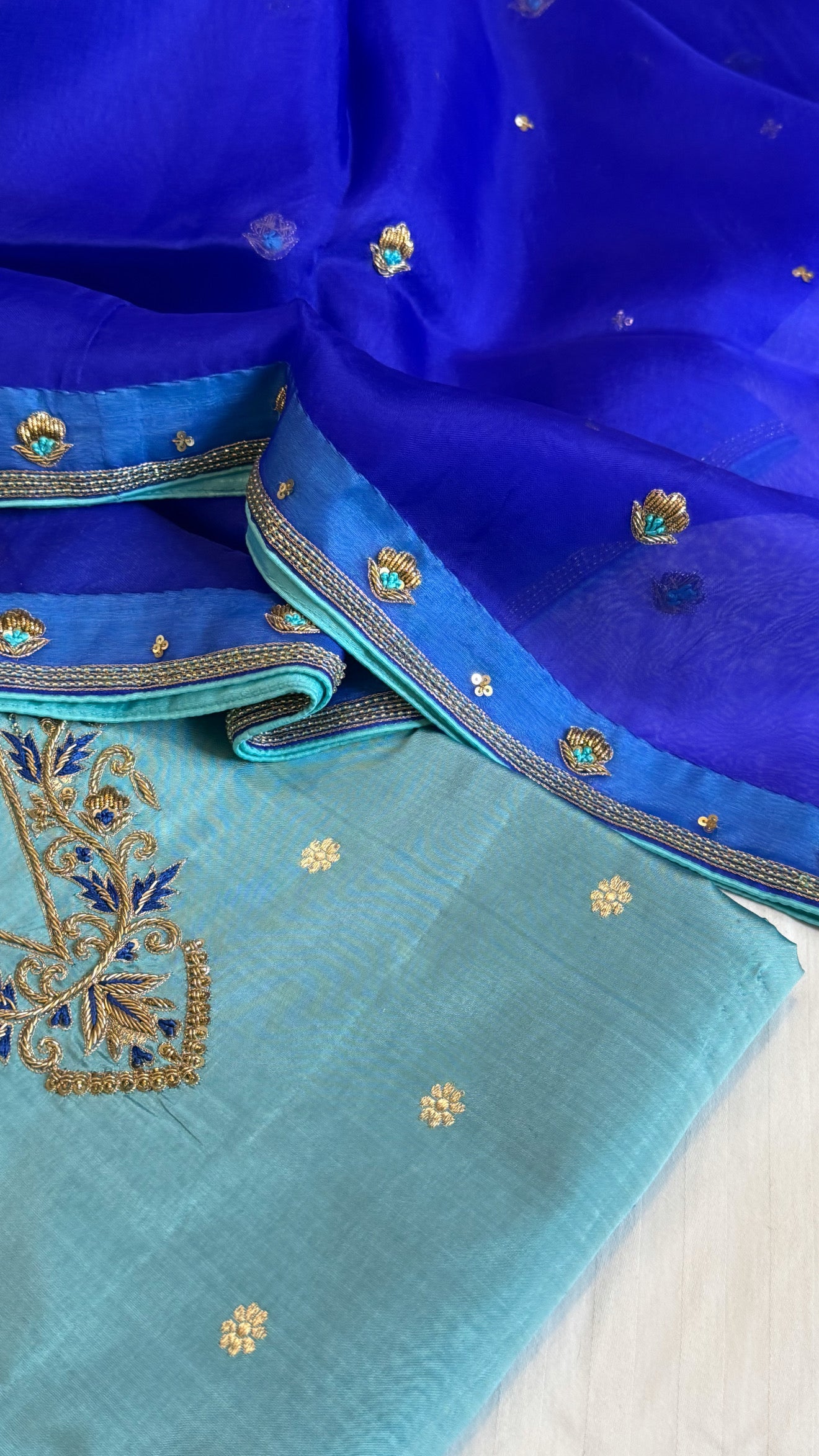 Sea blue - electric blue shade katan silk hand embroidered kurta paired with kora silk zardozi duppata