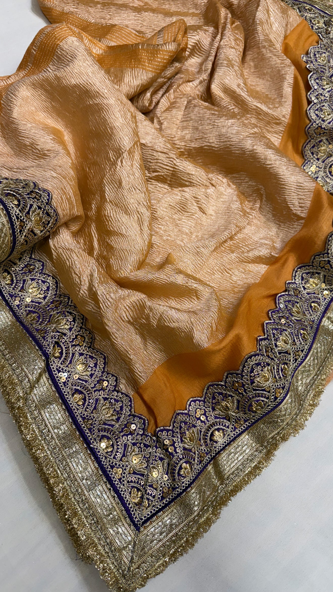 Moonga crushed tissue silk fanta orange tissue silk sares