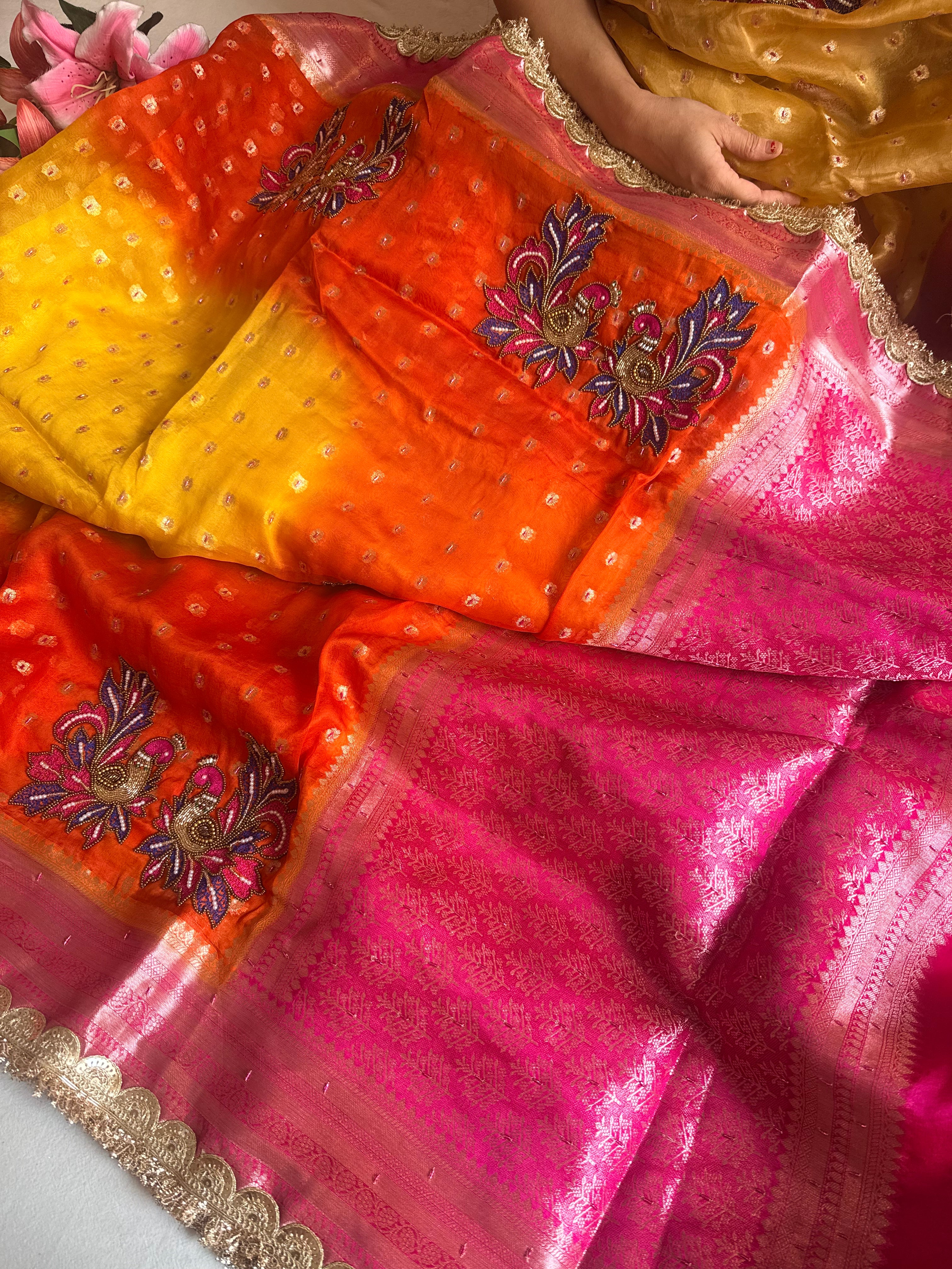 Ombre shaded kora silk kadhwa buti peacock motif hand embroidered saree
