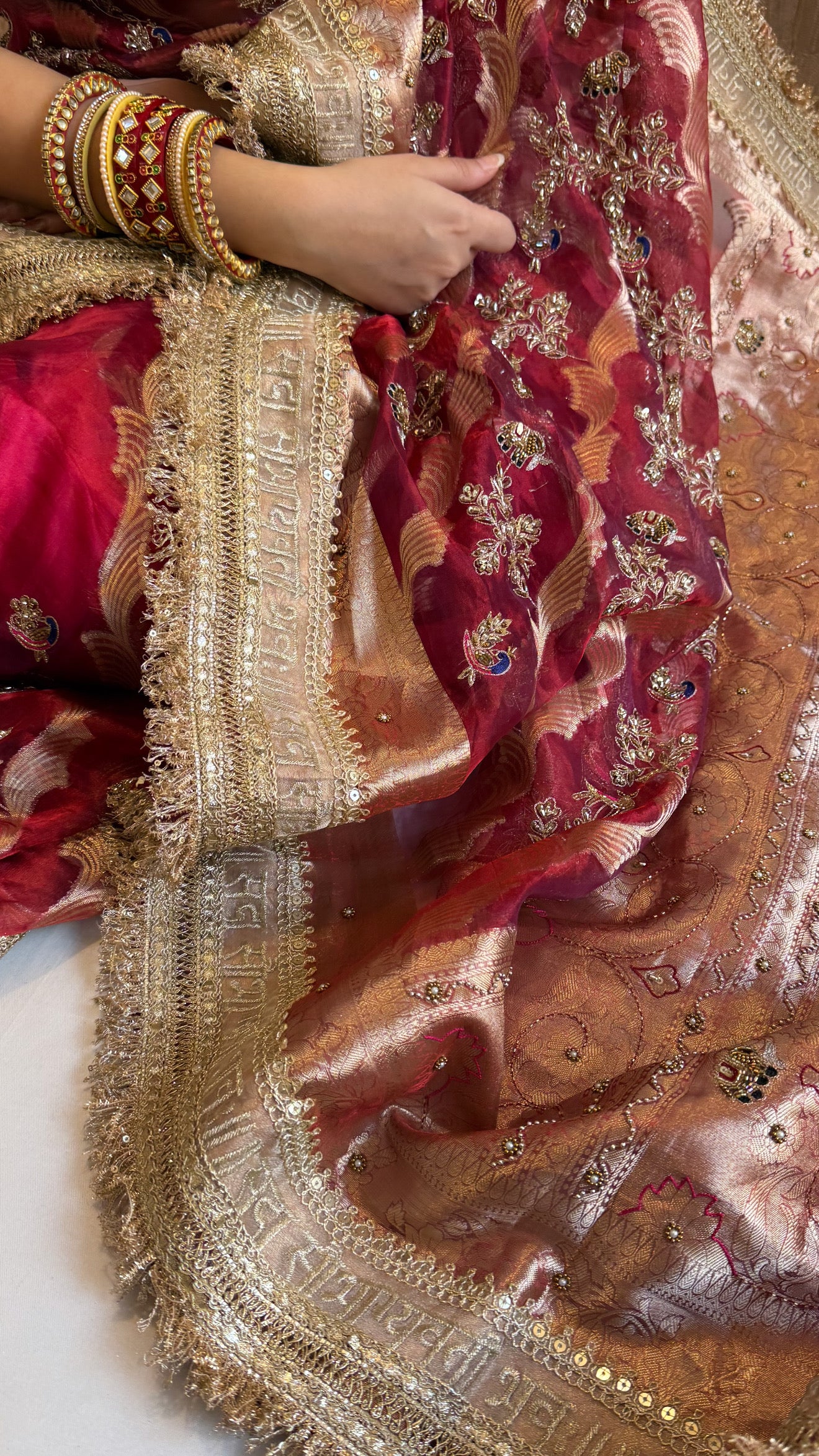 Nayi suhagan edit - Dhup chao cranberry red marodi and zardozi work hand embroidered jaal work saree