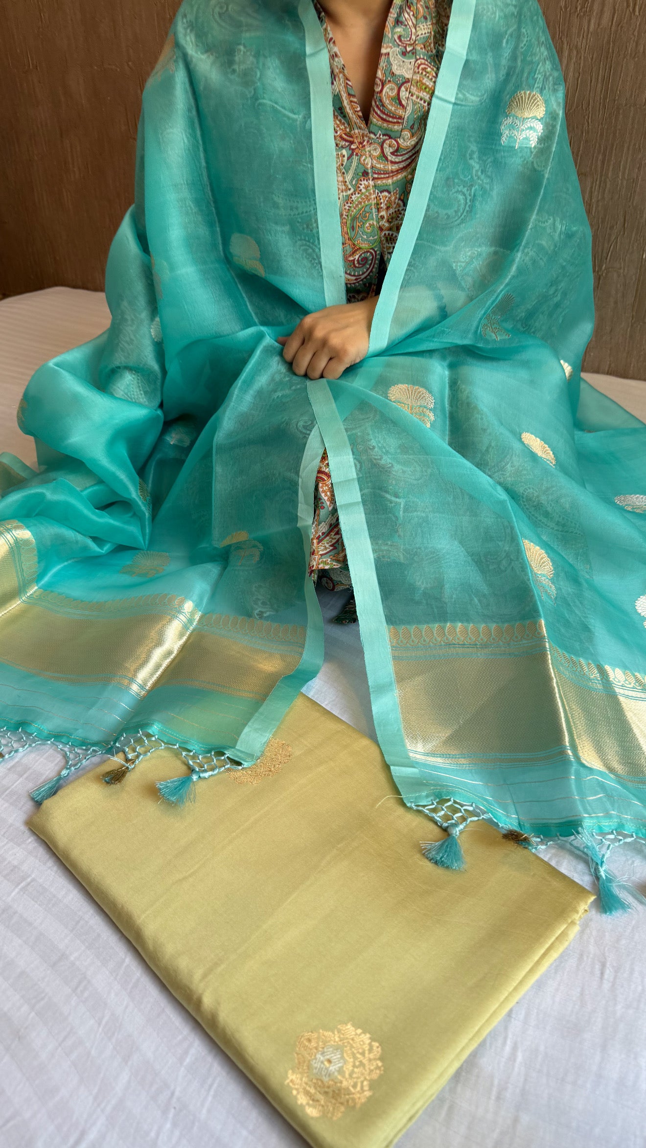 Banarasi moss green-firozi blue contrast chiniya silk kadhwa suit sets