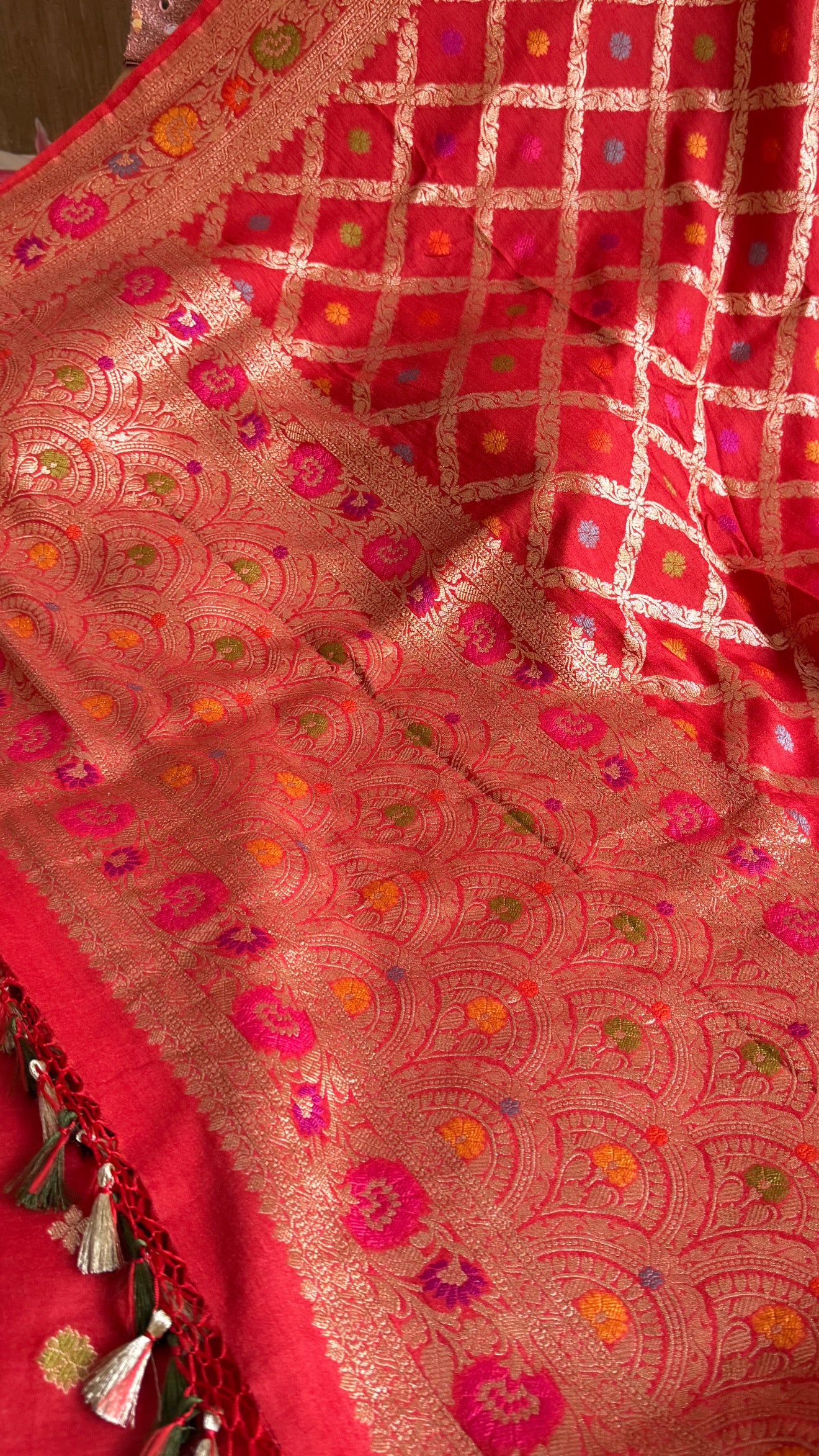 Moonga silk meenakari chaukadi duppata kadhwa jungla suit set