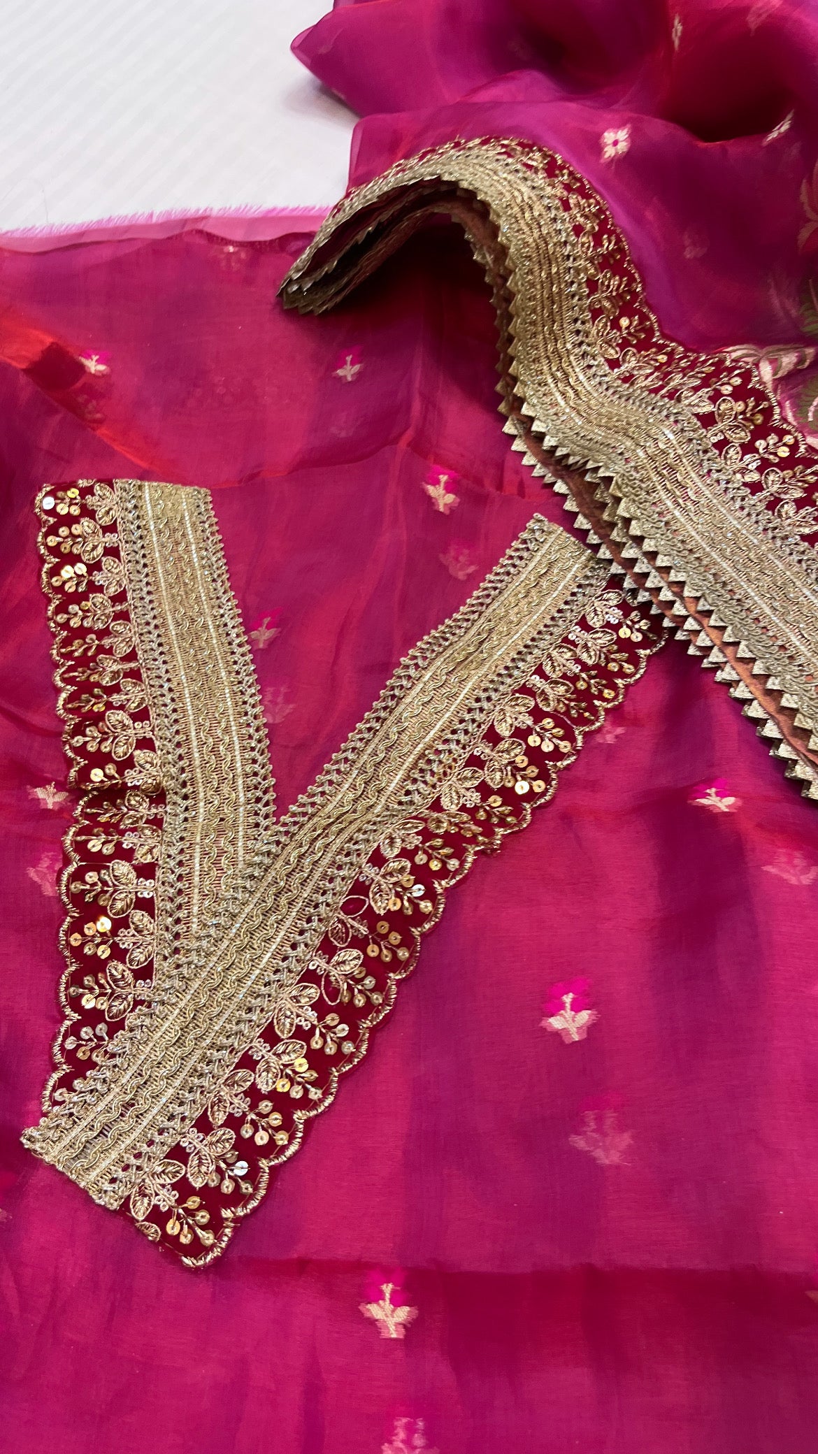 Heeramandi rani pink tissue silk meenakari suit set