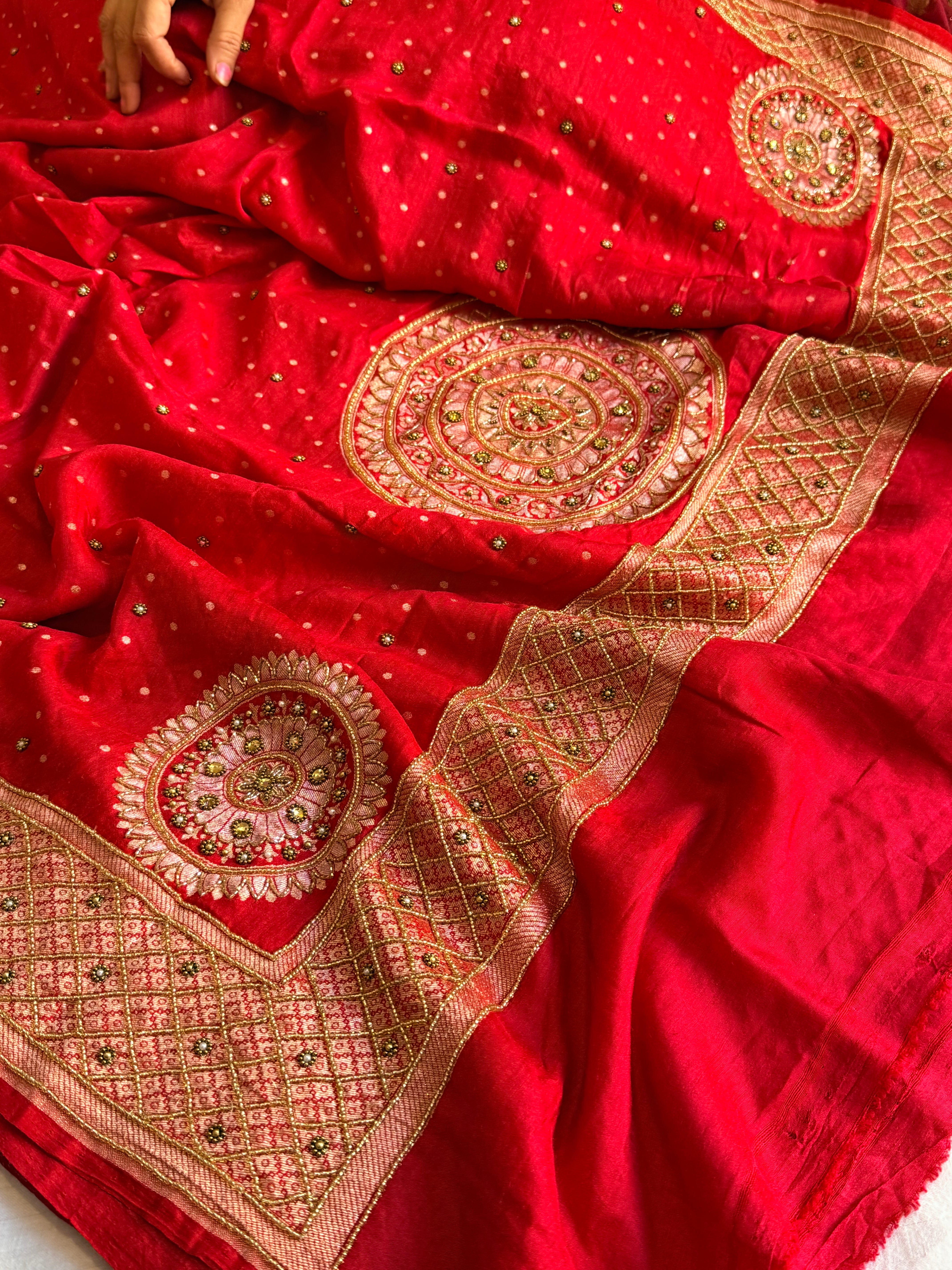 Banarasi sindoor red moonga silk hand embroidered kadhwa saree