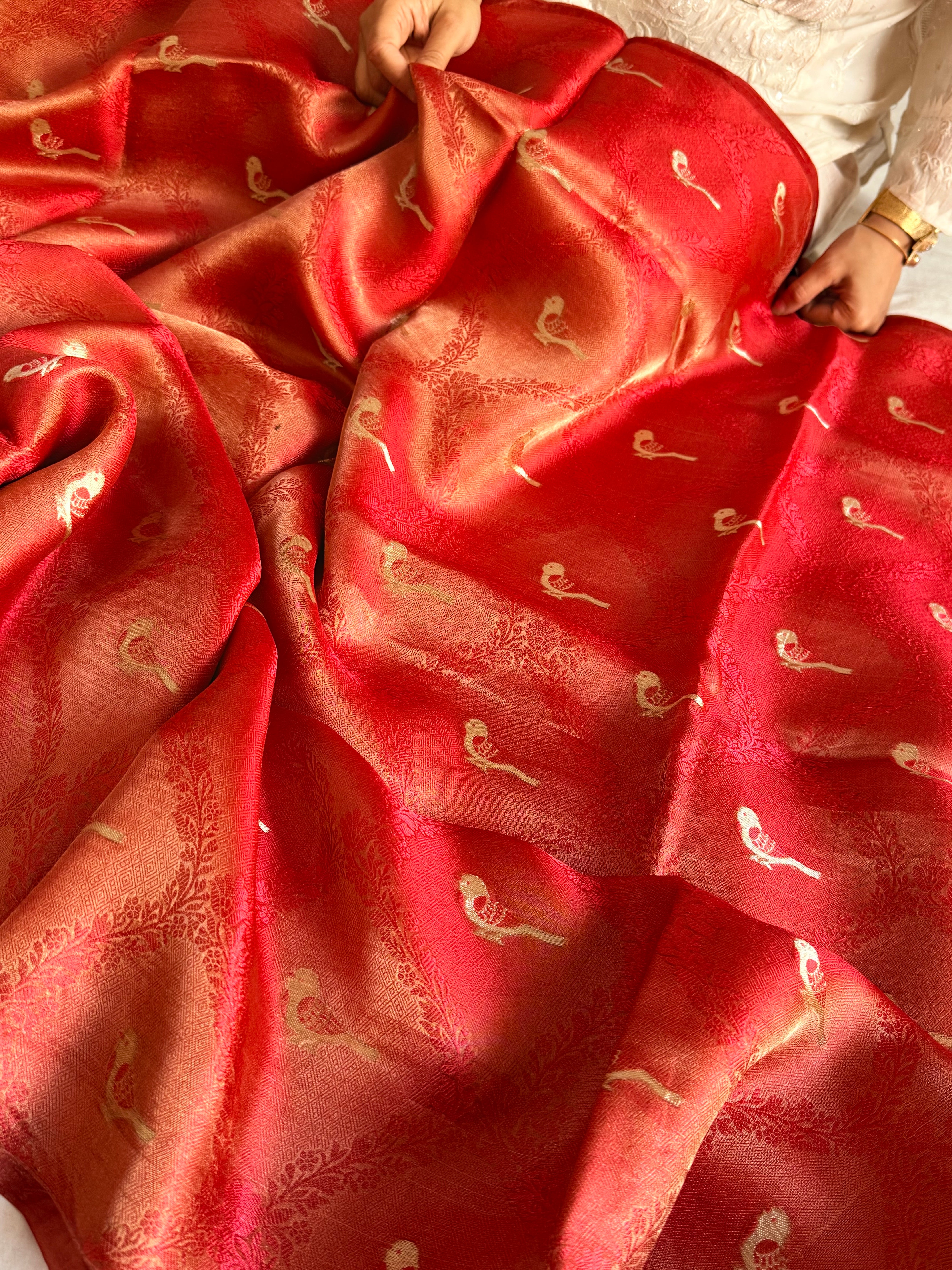 Below 10k - Banarasi pashmina tissue gorgette soft silk kadhwa border saree