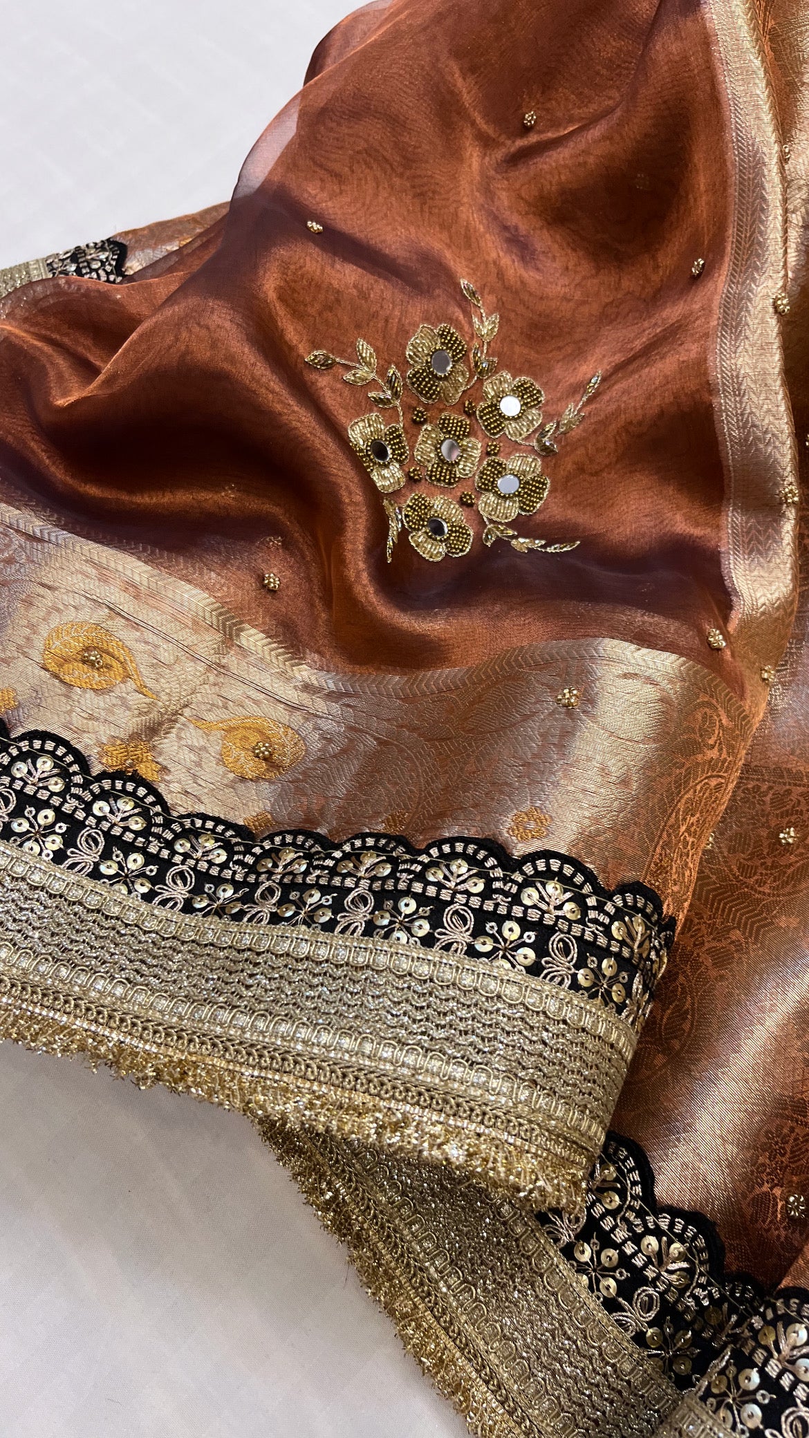 Husn chocolate brown tissue silk hand embroidered saree