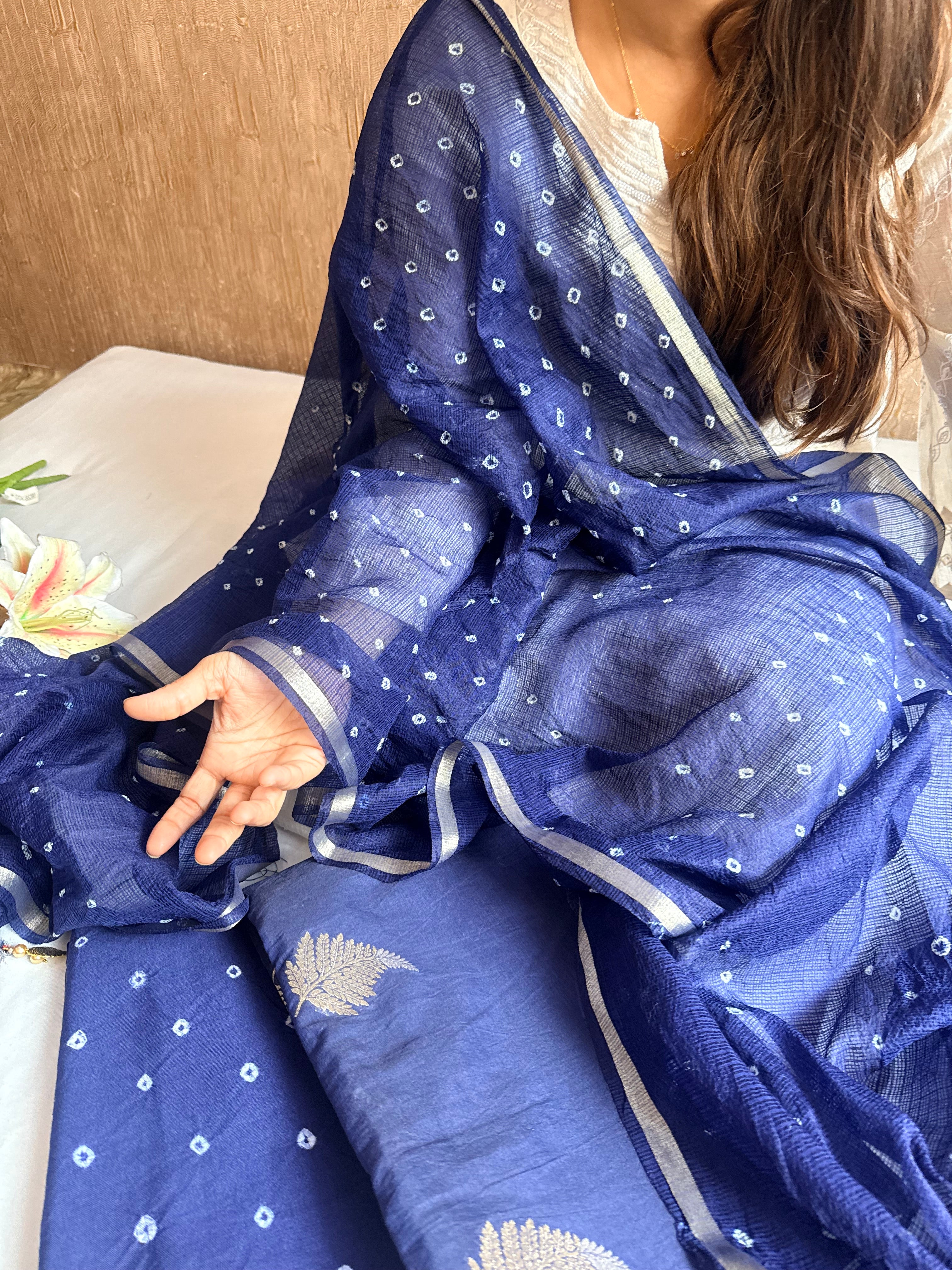 Below 8k- Mul cotton handloom kurta paired with bandhej dyed kota silk duppata set