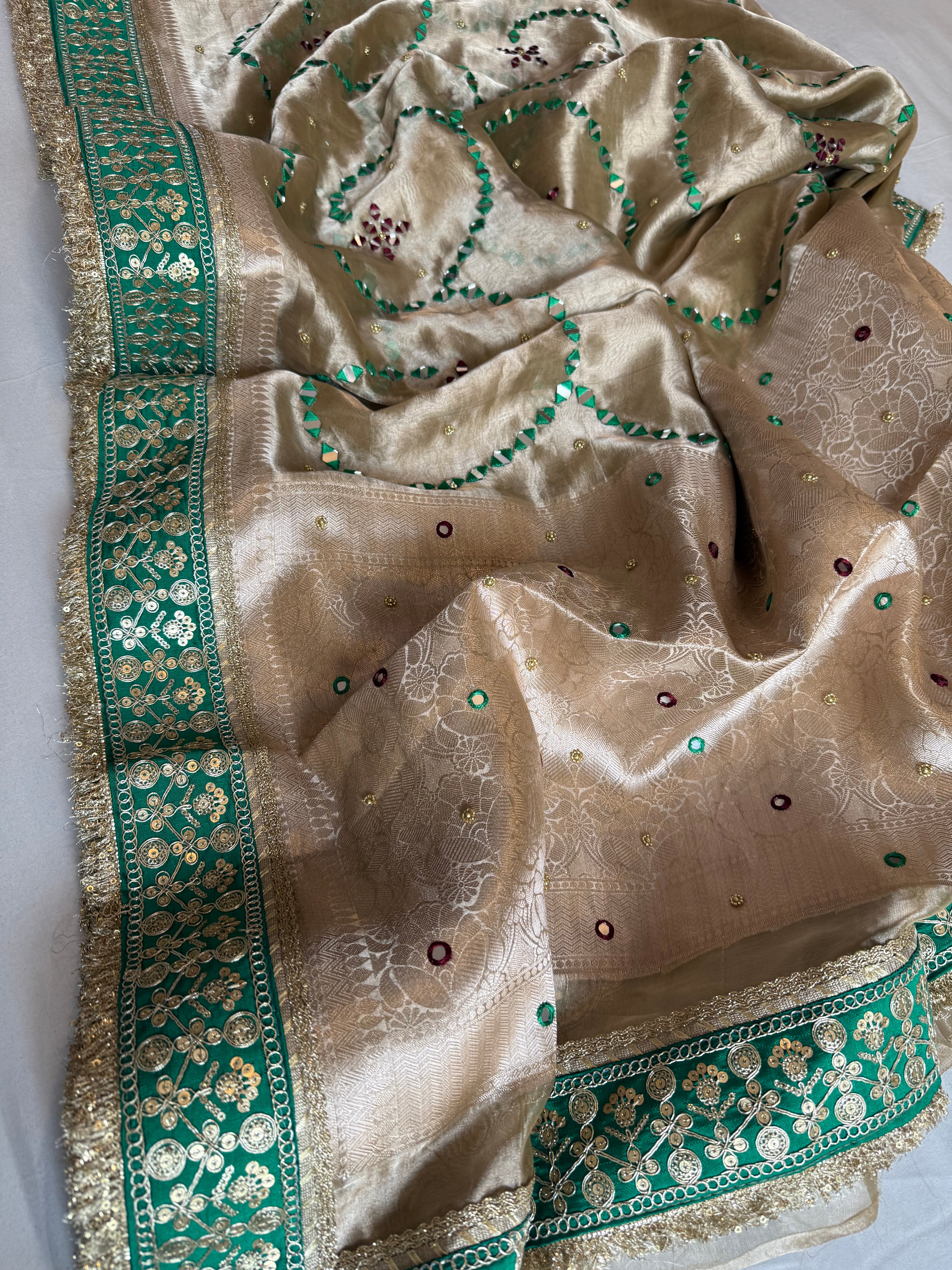 Sheesham edit - Heavy double tissue silk mirror work hand embroidered saree