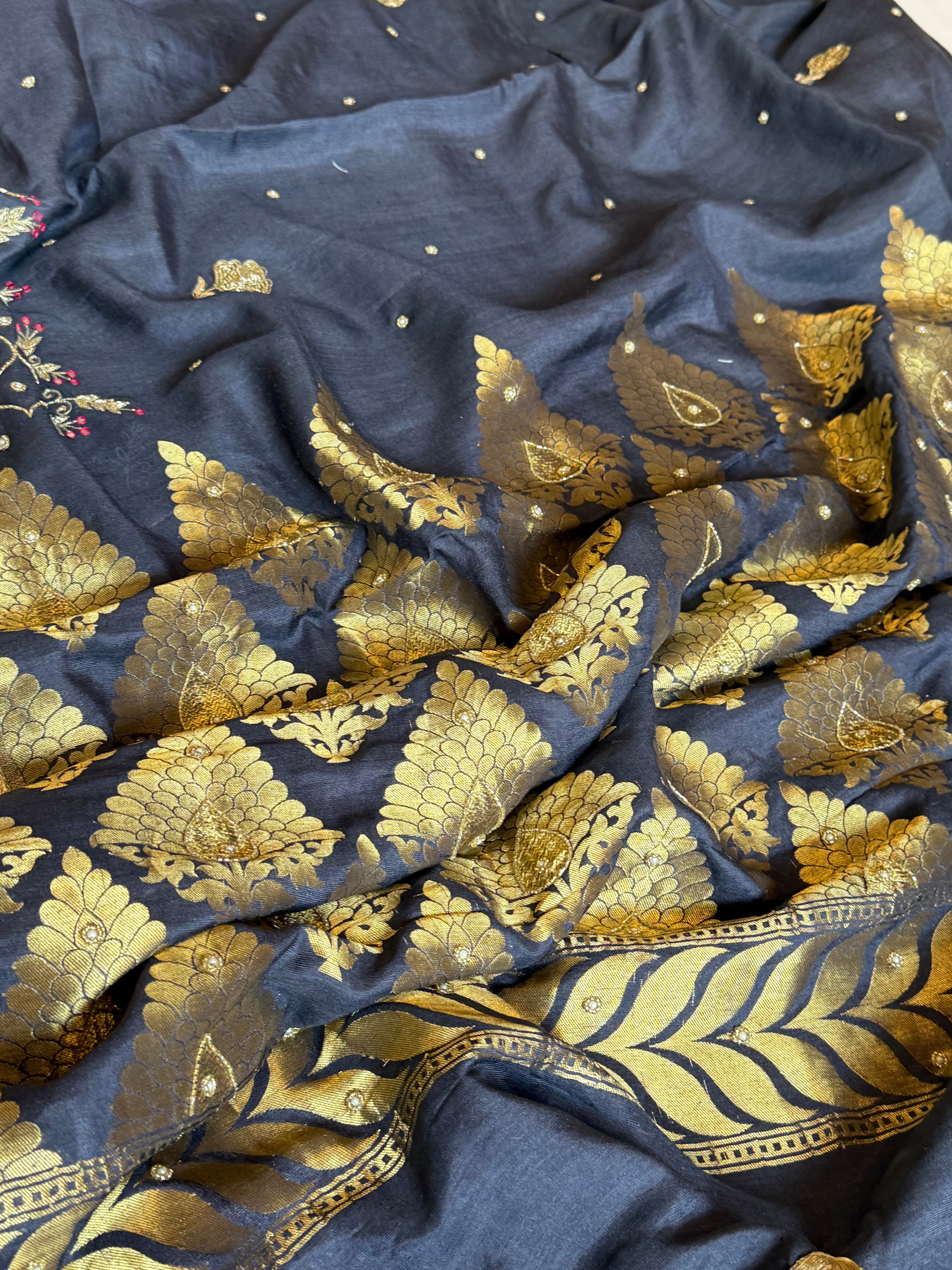 Navy blue moonga tussar silk hand embroidered kadhwa saree