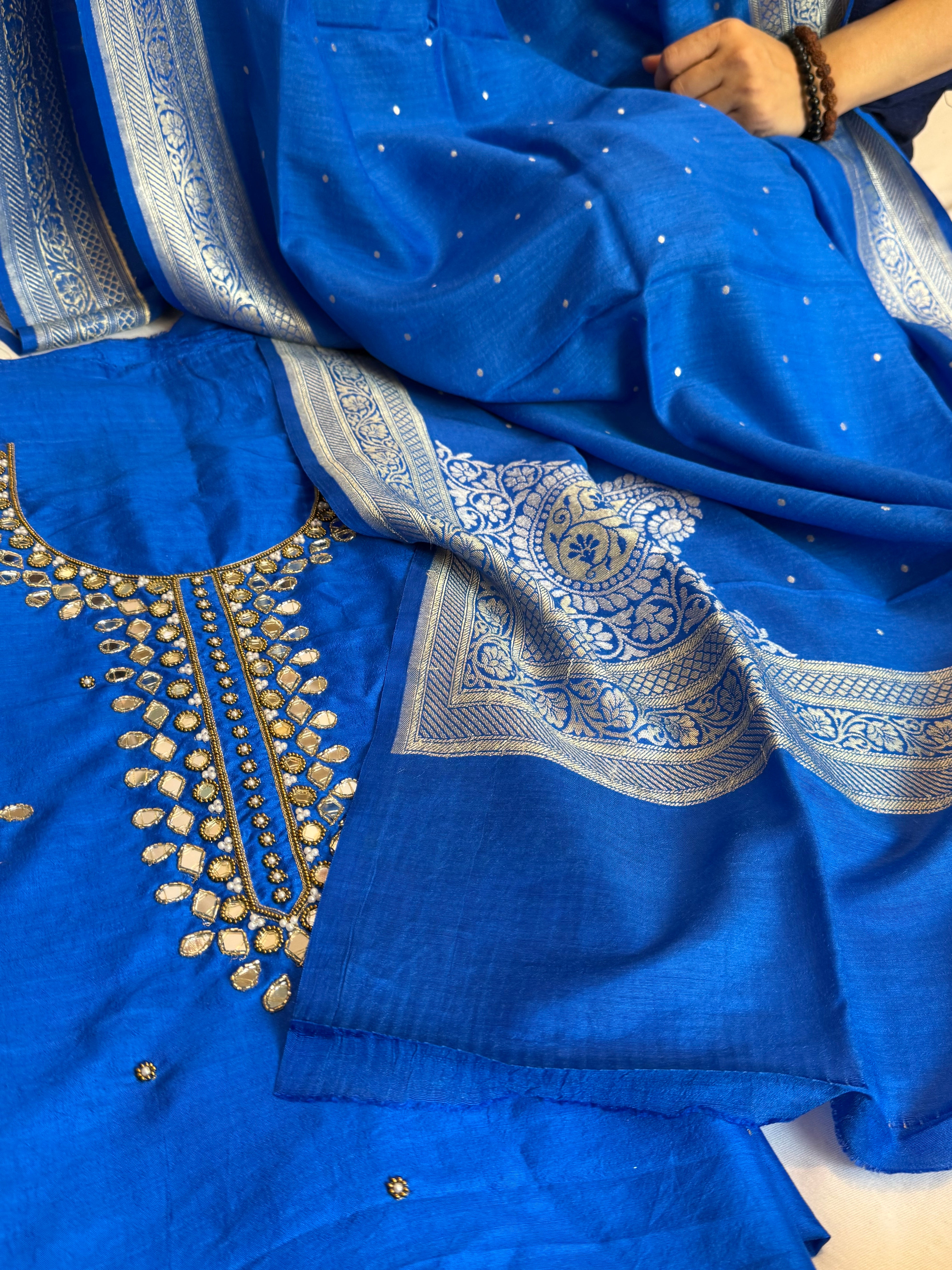 Sheesham ink blue mirror work hand embroidered katan silk suit set
