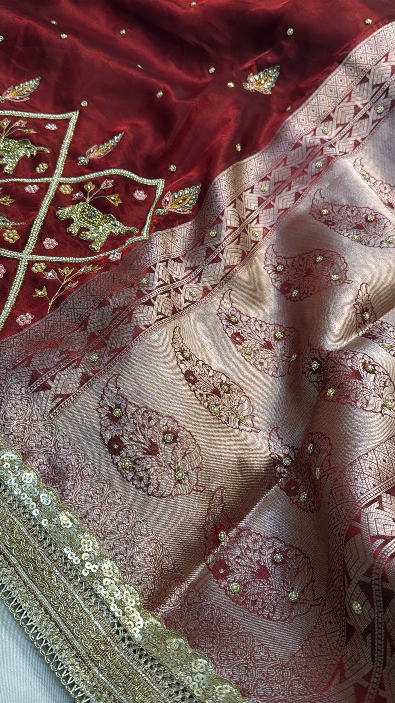 Dulhan ka joda husn red tissue silk hand embroidered saree