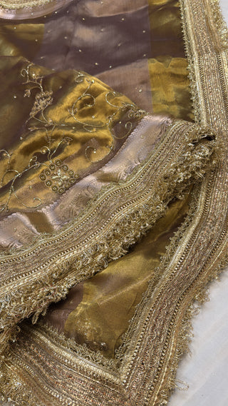 Dulhan wali saree - Olive gold tissue silk heavy hand embroidered saree