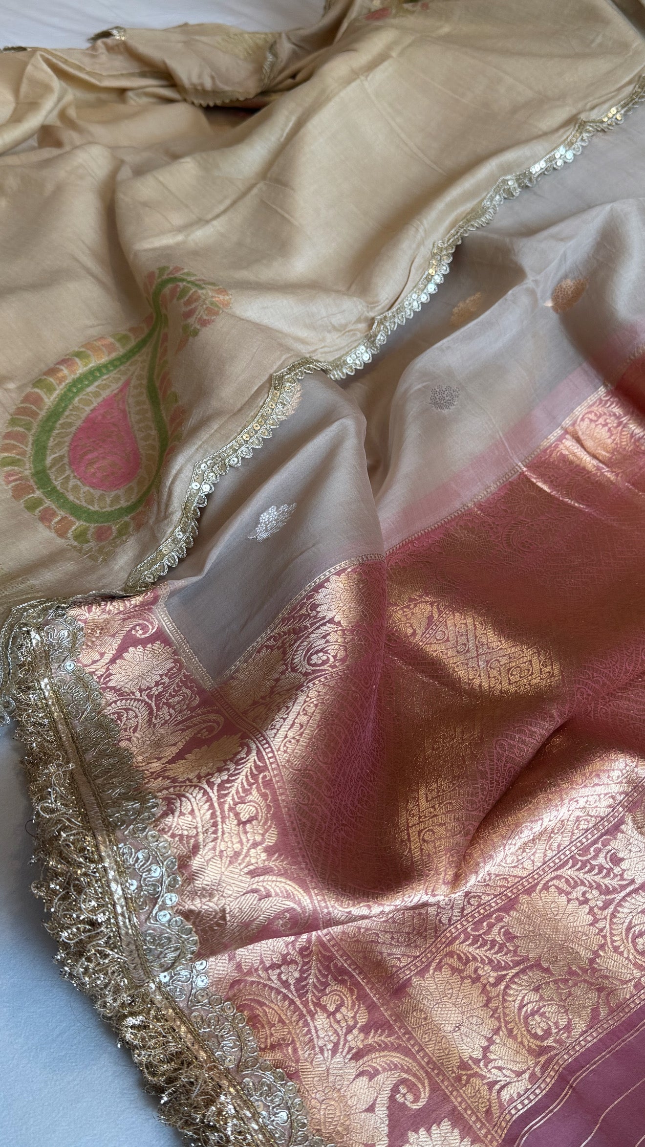 Kora silk chap dye contrast border kadhwa saree paired with moonga silk duppata