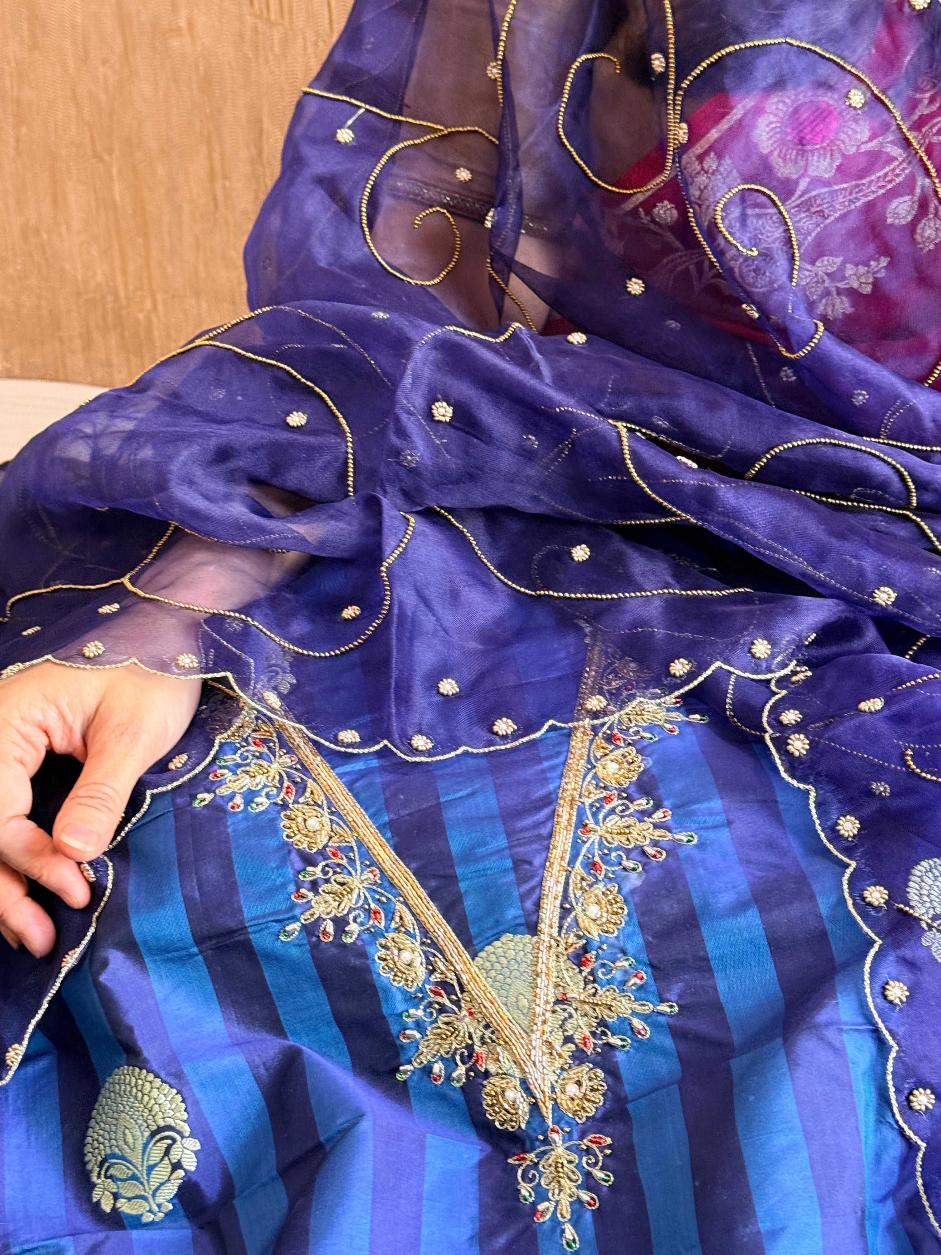 Katan silk kadhwa hand embroidered striped dhup chao effect suit set