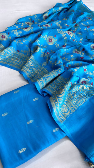 Firozi blue moonga silk meenakari jungla duppata suit set