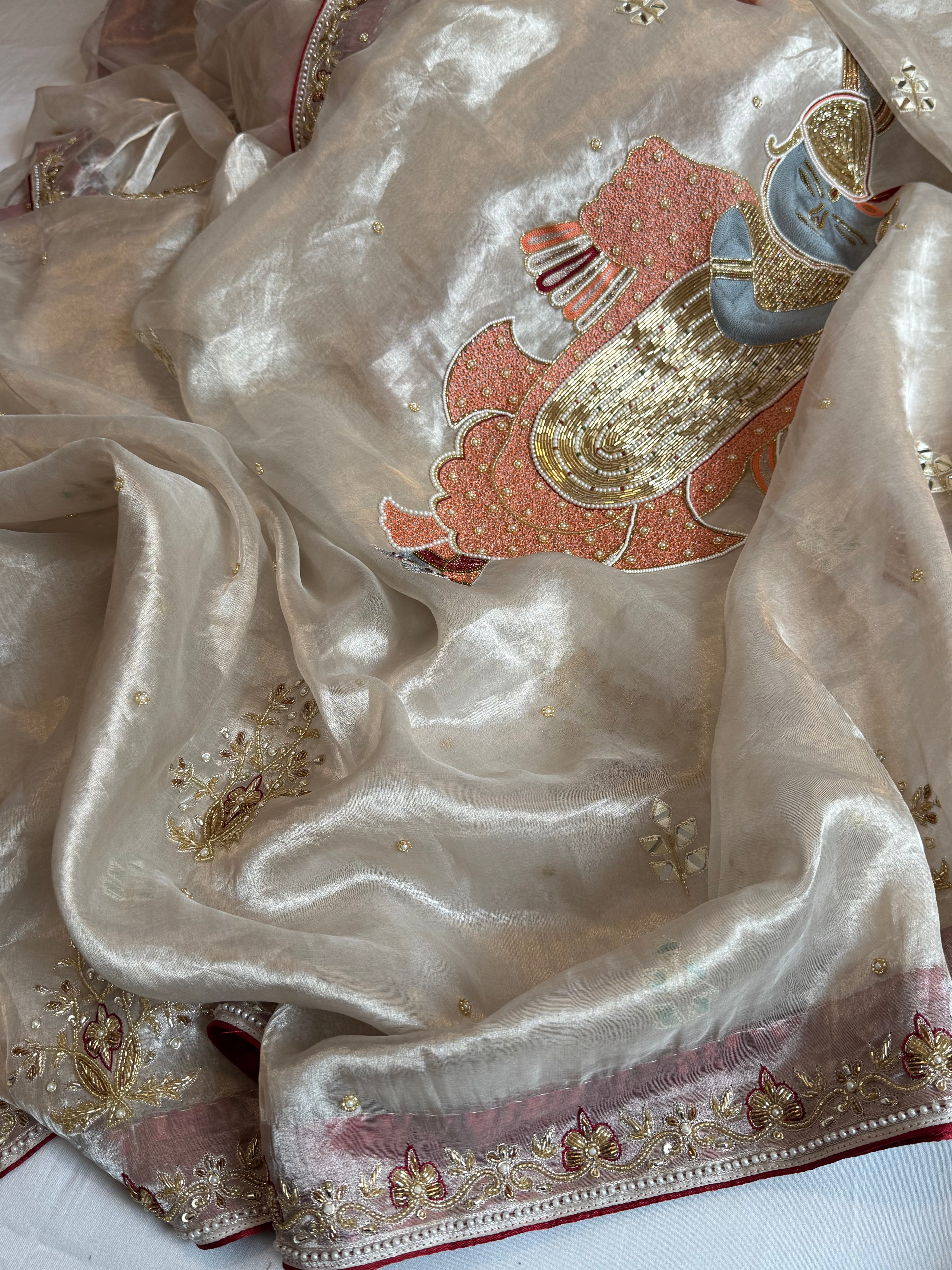 Radhika merchant inspired shreenathji motif diamond tissue silk hand embroidered saree