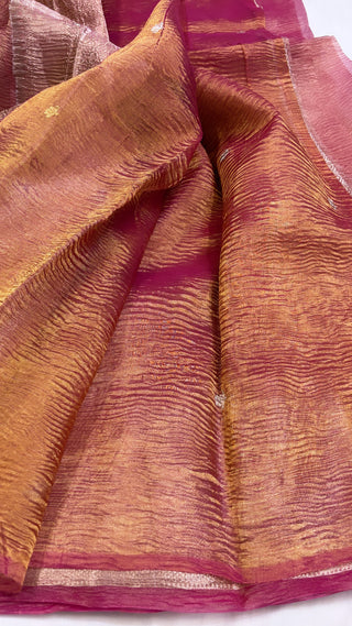 Pure banarasi cherry pink crushed tissue silk handwoven kadhwa saree with intricate border and kadhwa blouse