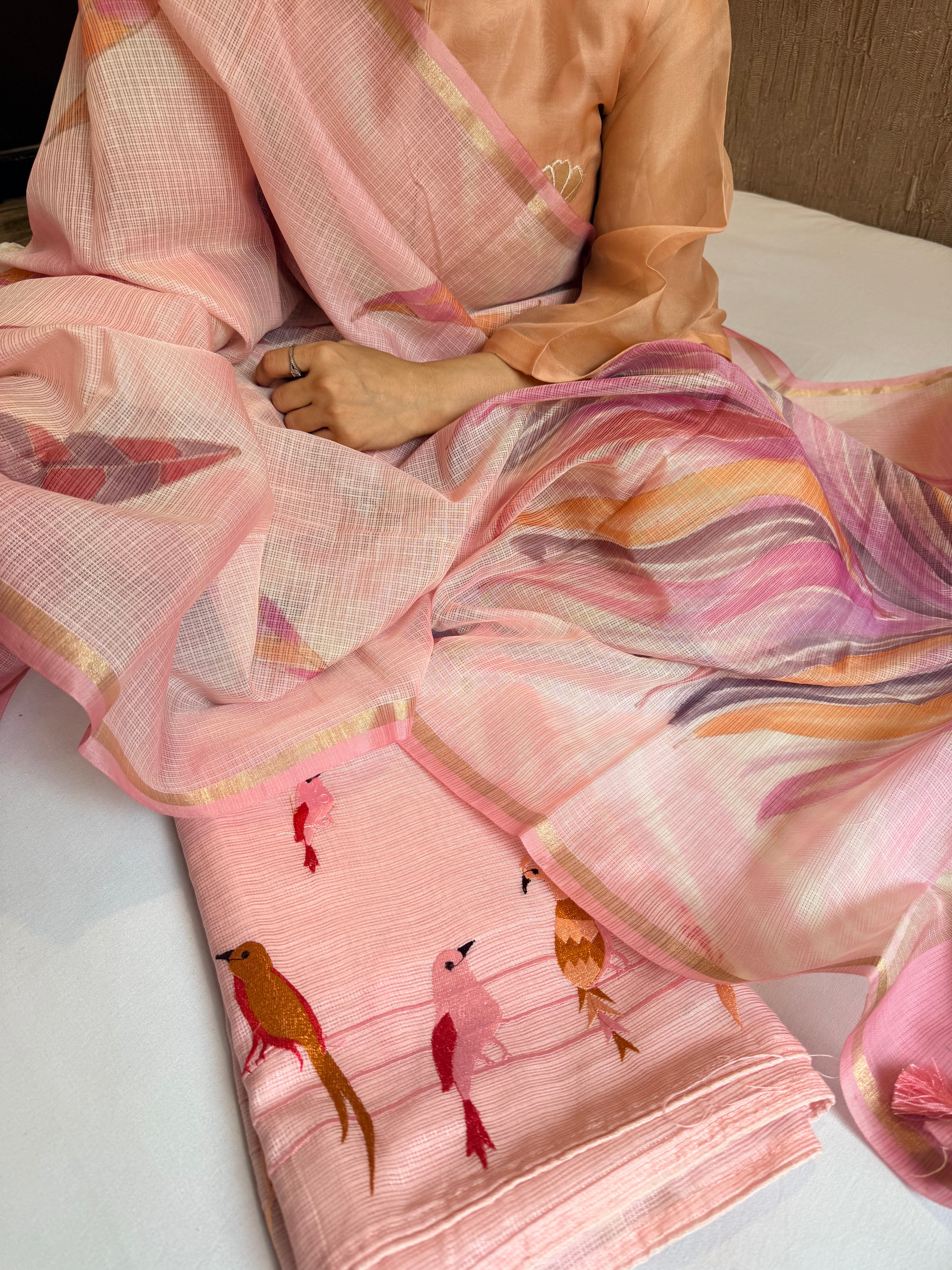 BELOW 8K - Peachy pink cotton kota silk resham work banarasi suit set