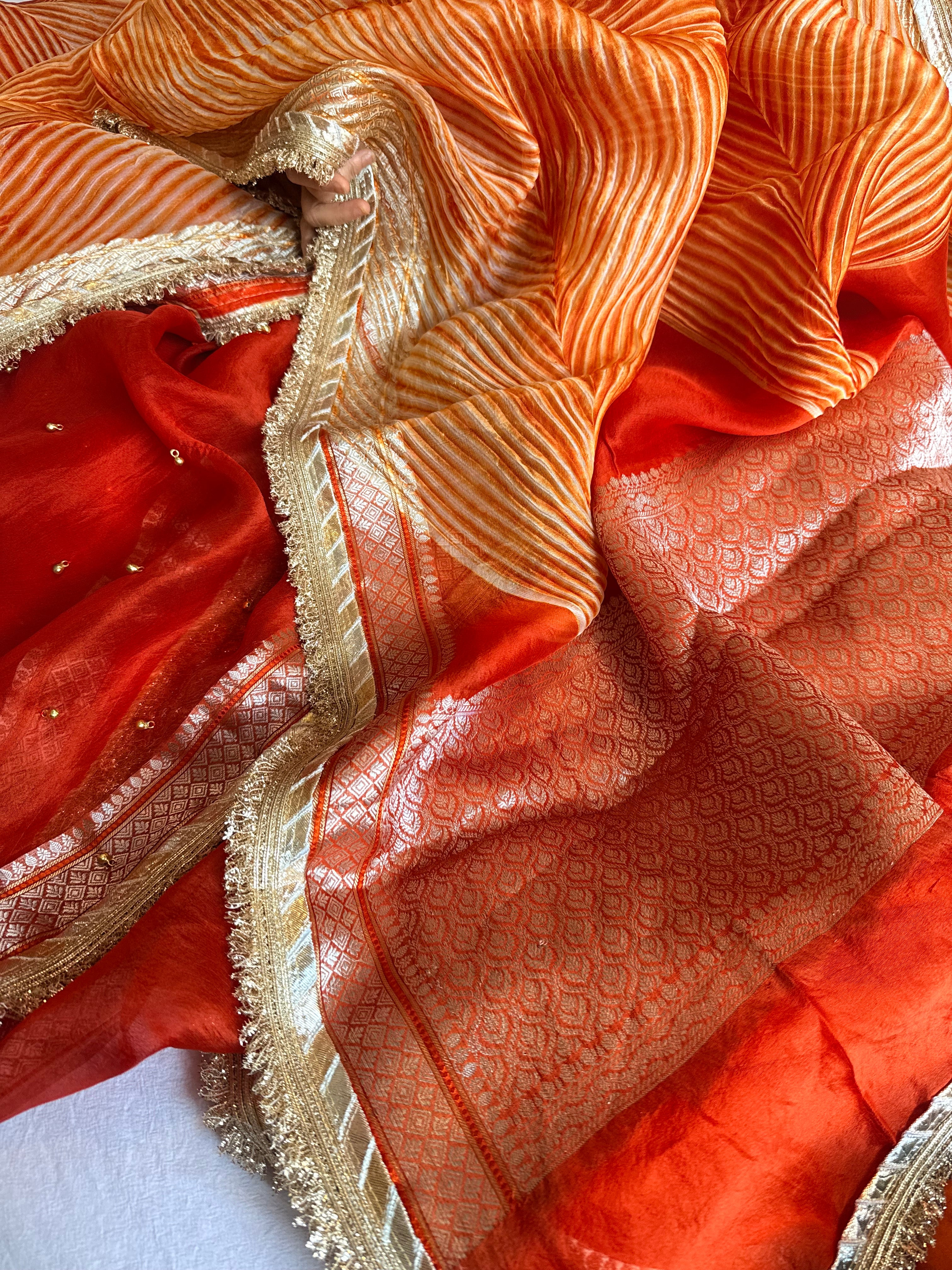 Arshi dye ghungro work kora silk banarasi kadhwa weaving saree