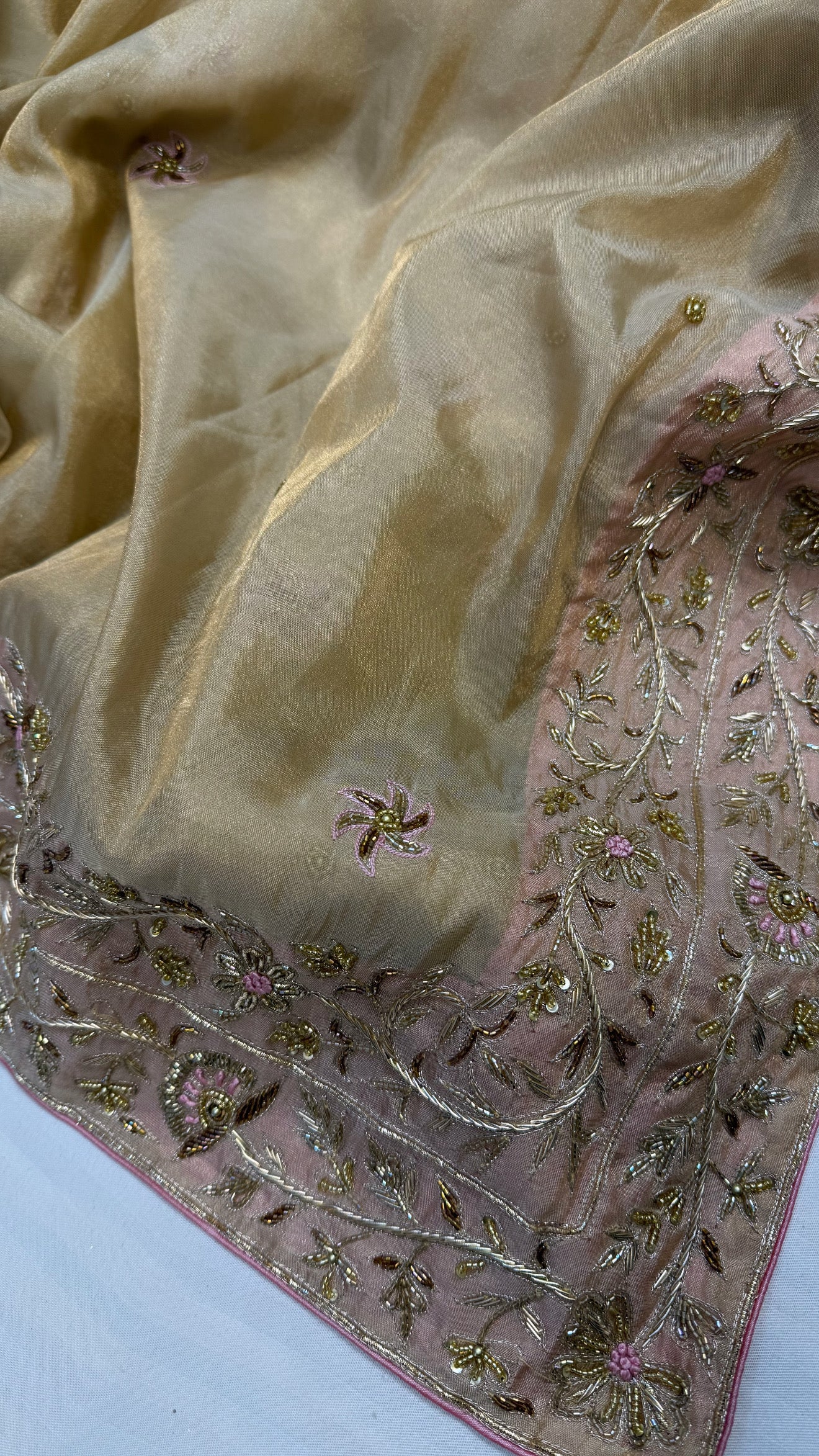 Gulab ki pankhuri husn tissue silk heavy zardozi border hand embroidered saree