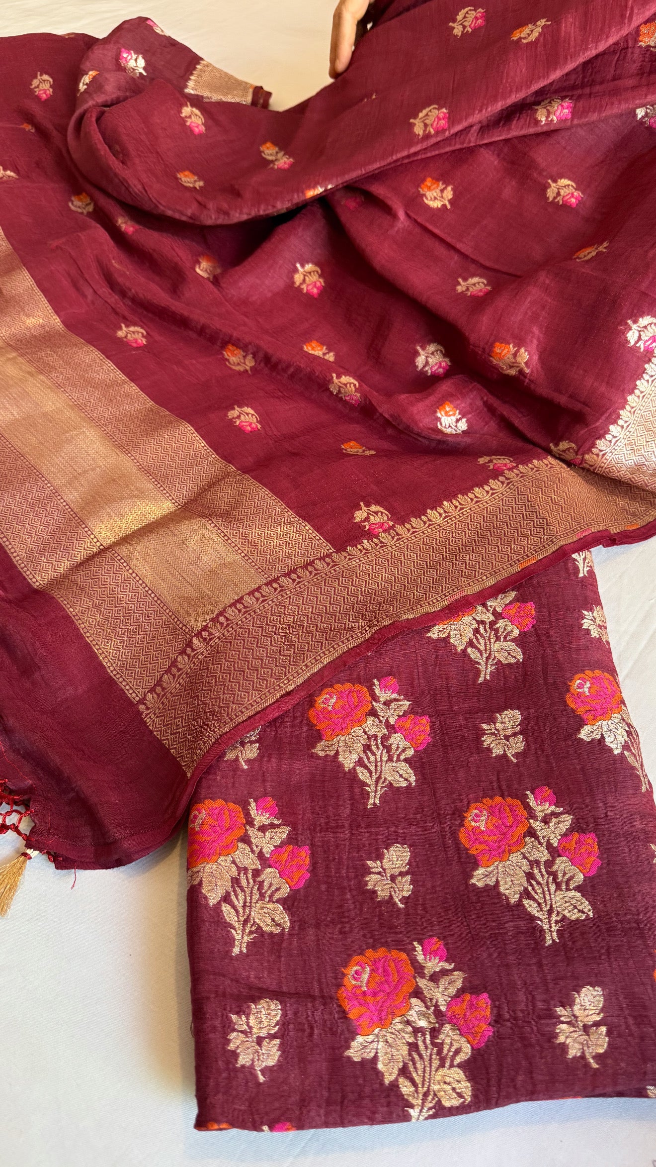 Linen gorgette burgundy kadhwa meenakari rose buta suit set
