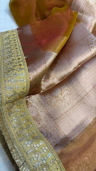 Dusty orange maharani tissue silk meenakari border saree