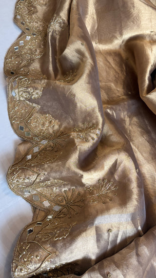 Husn mouse greyish-golden tissue silk heavy hand embroidered saree
