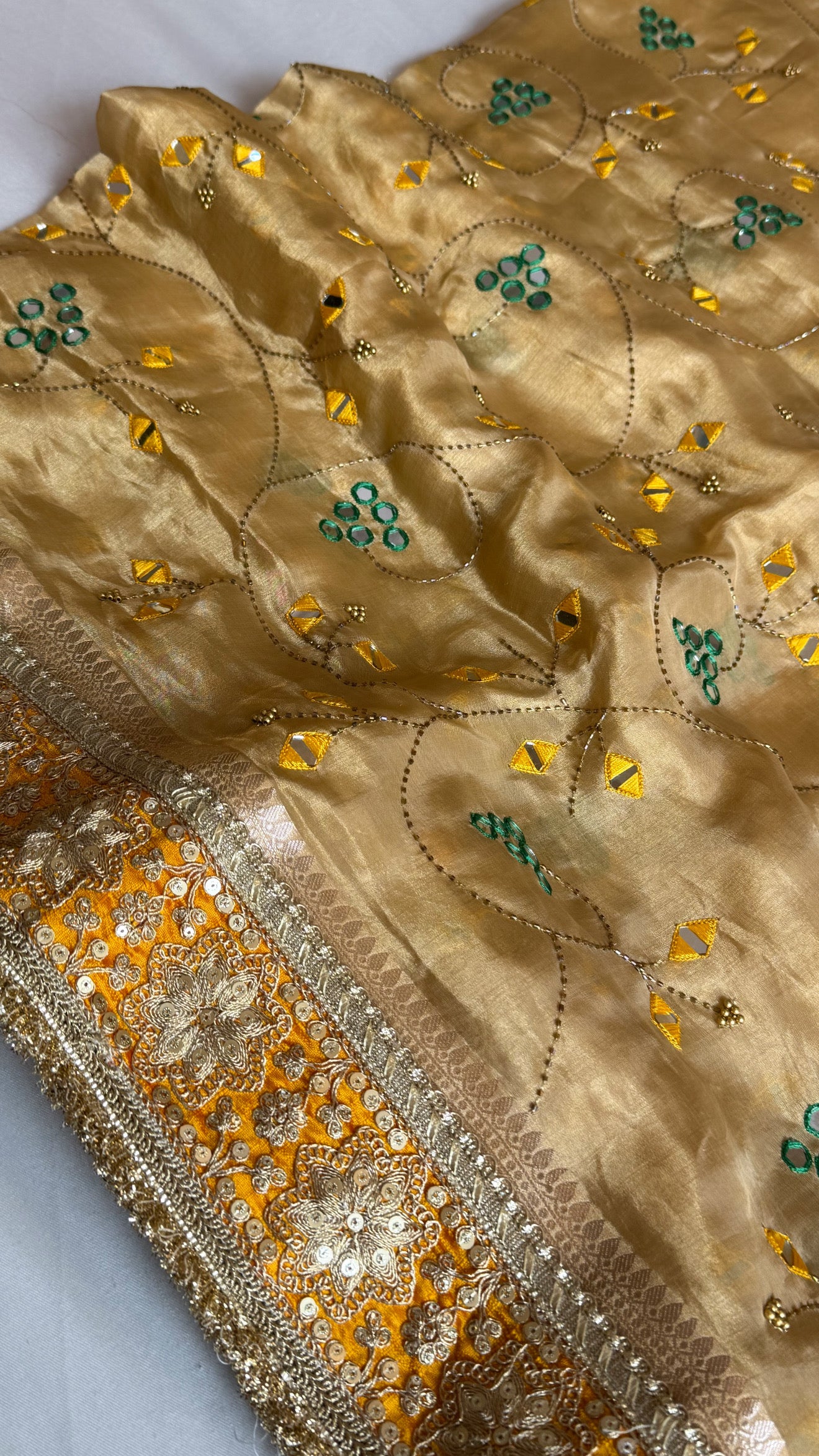 Sheesham edit - Heavy double tissue silk mirror work hand embroidered saree
