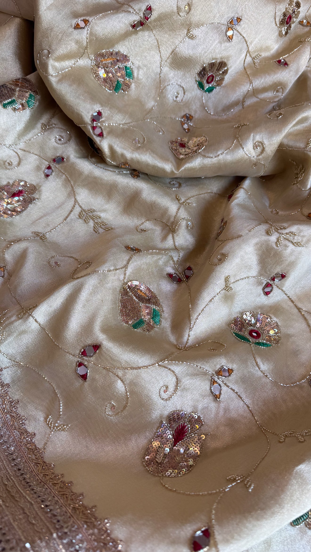 Mirror work edit - Tussar gold heavy mirror work jaal hand embroidered saree