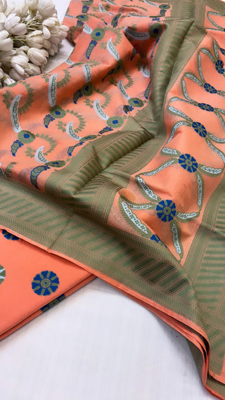 Gulbahar peachish orange cotton resham meenedar suit set