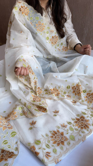 Mulmul banarasi cotton resham embroidered soft suit set