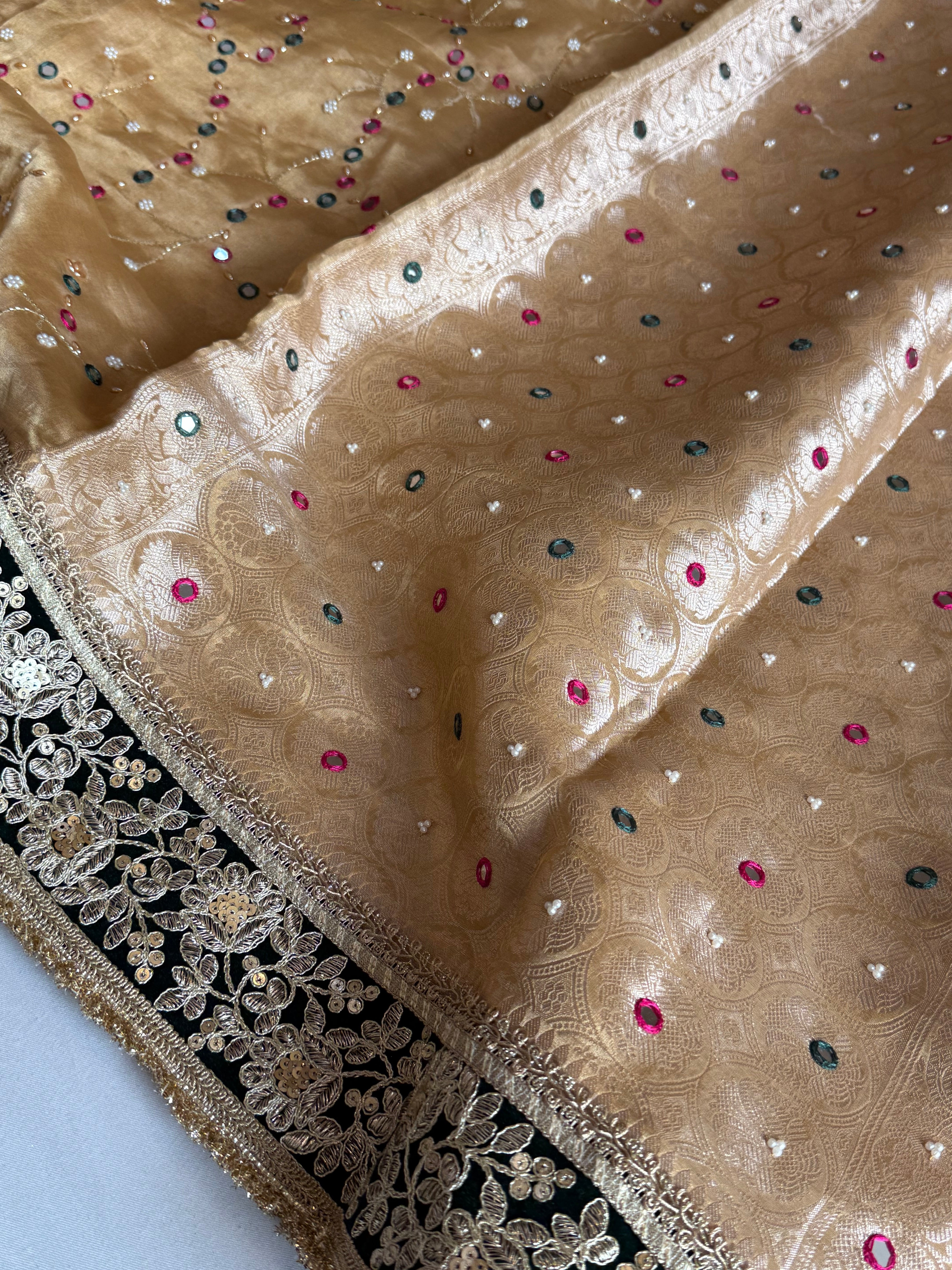 Sheesham edit - Heavy double tissue silk mirror work hand embroidered saree