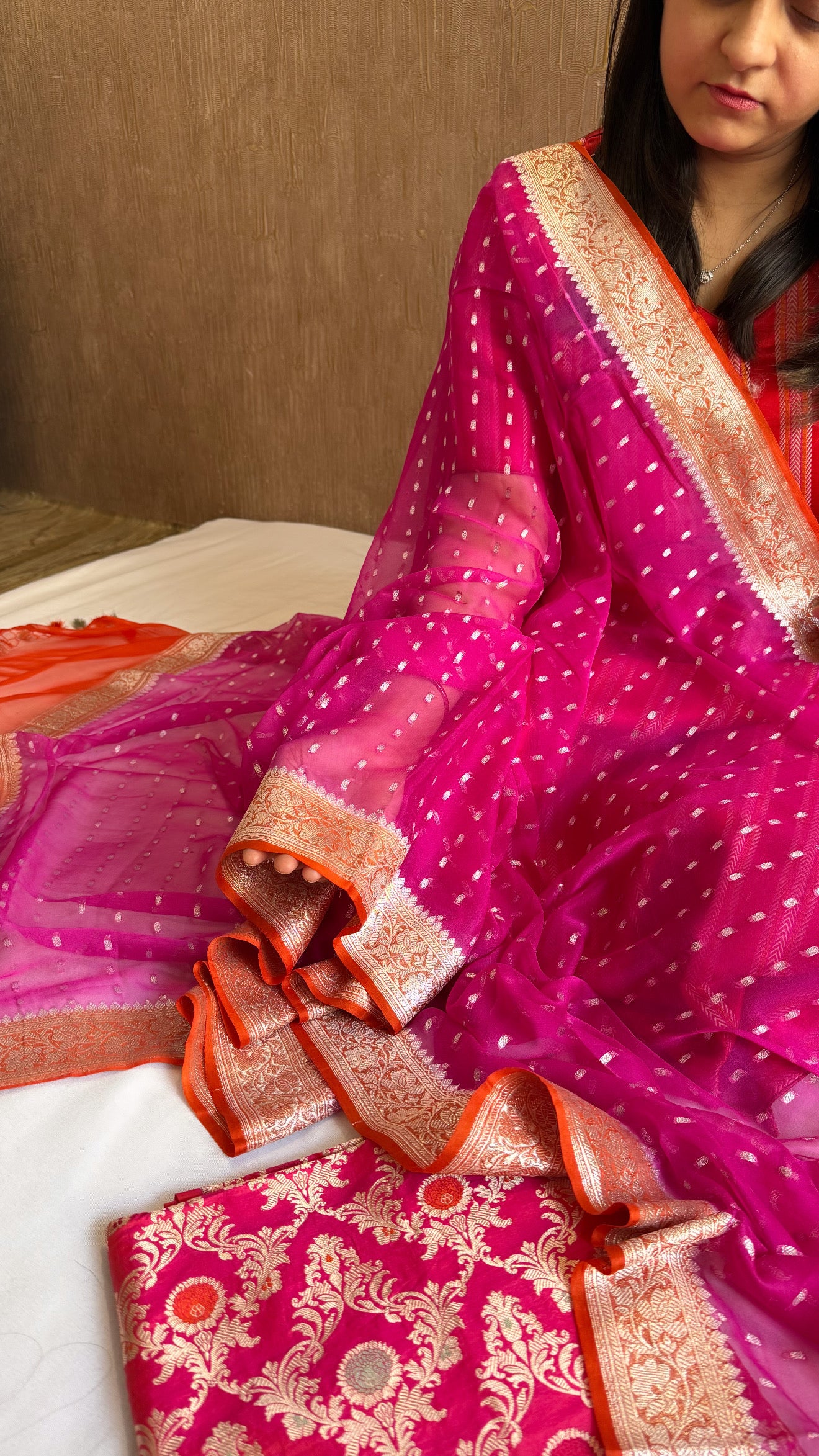 Rani pink - Fanta orange katan silk kadhwa jaal kurta paired with chiffon gorgette chap dye duppata set
