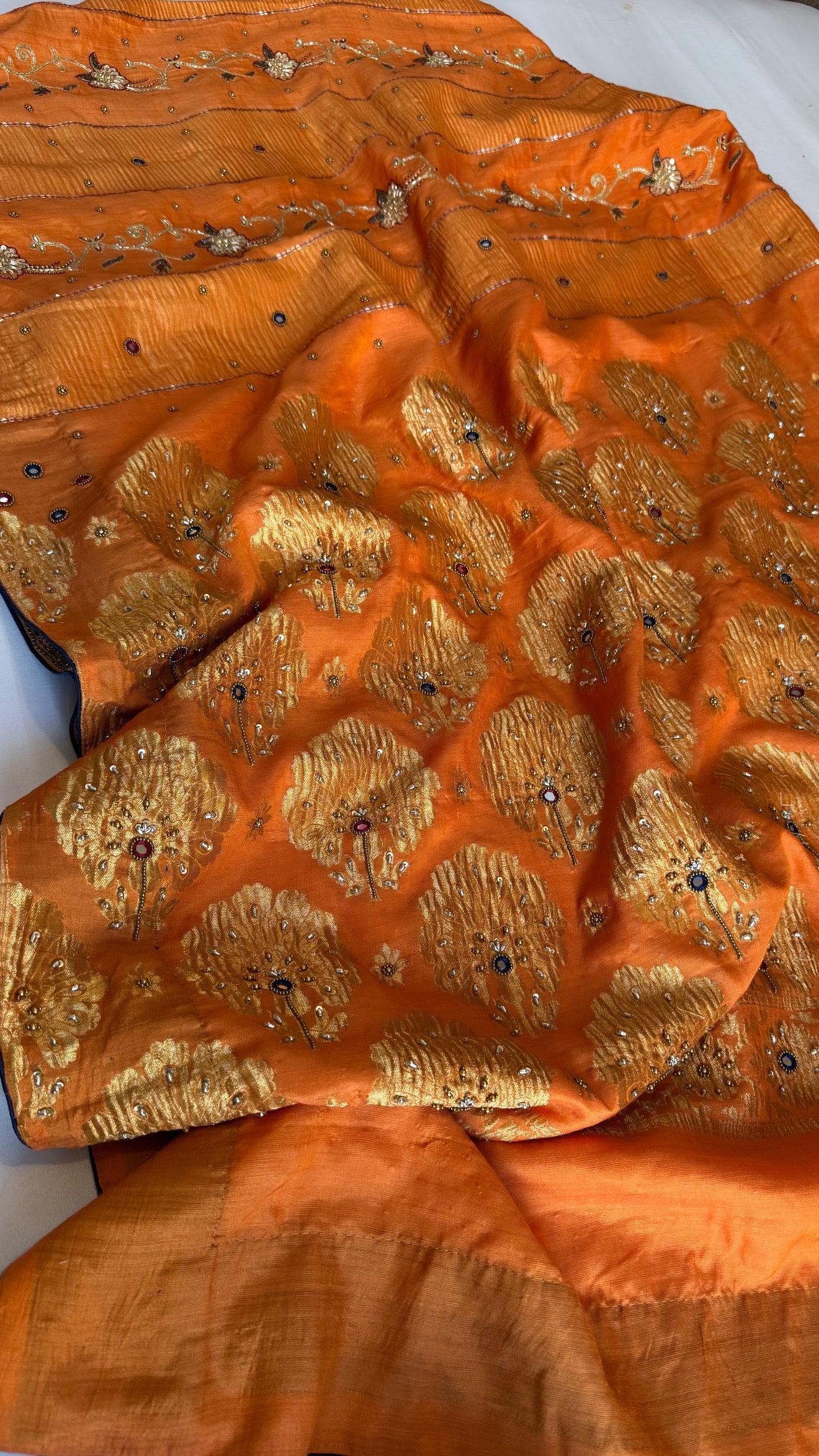 Mastani edit - Fanta orange moonga silk hand embroidered kadhwa saree