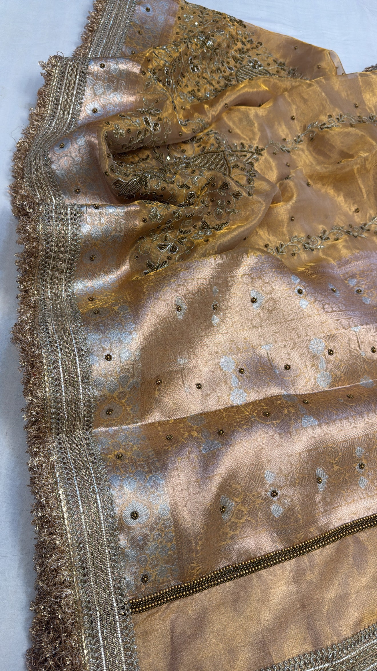 Golden husn tissue silk hand embroidered kadhwa saree