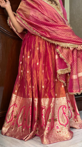 “Kali wala lehenga” — Rani pink semi stitched pure banarasi tissue silk lehenga set