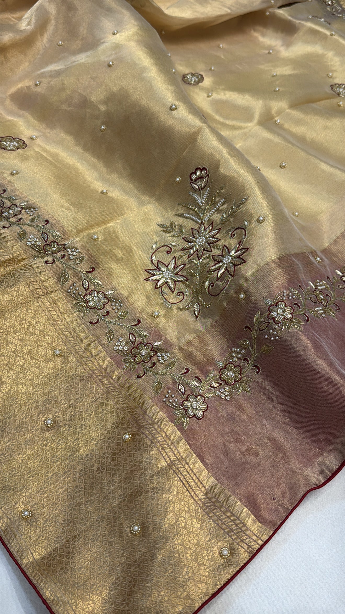 Molten gold husn tissue silk meenakari hand embroidered kadhwa saree